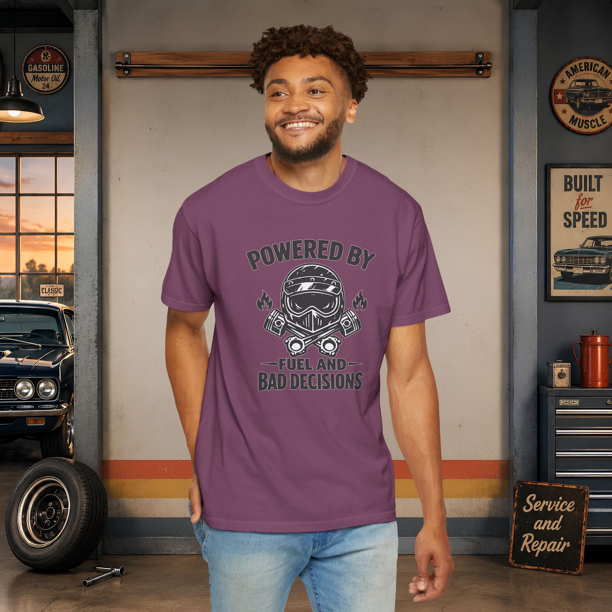 Powered By Fuel And Bad Decisions T-Shirt — Motorcycle Helmet Graphic Tee