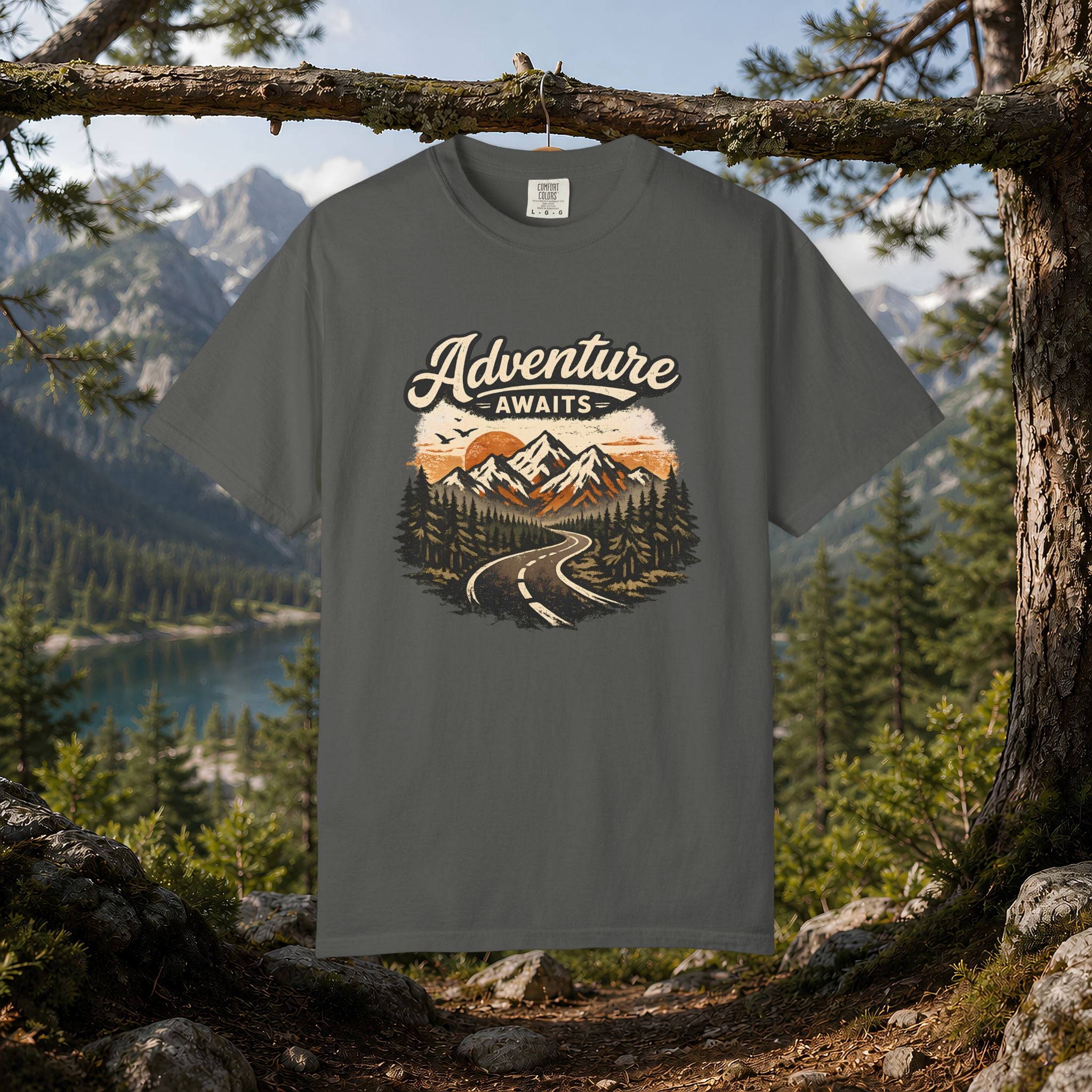 Adventure Awaits T-Shirt — Scenic Mountain Road Graphic Tee