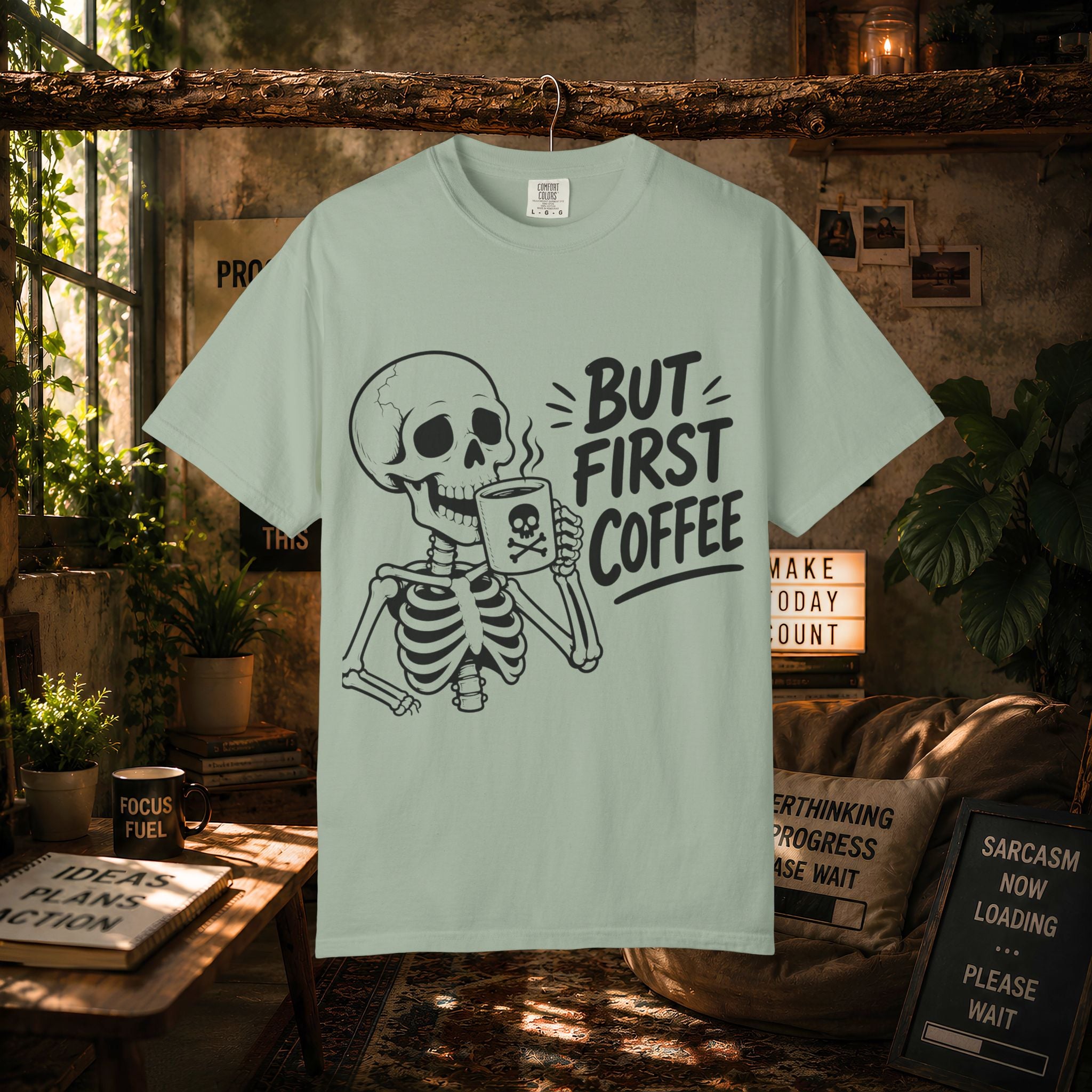 Skeleton Holding Coffee But First Coffee T-Shirt | Coffee Lover Tee