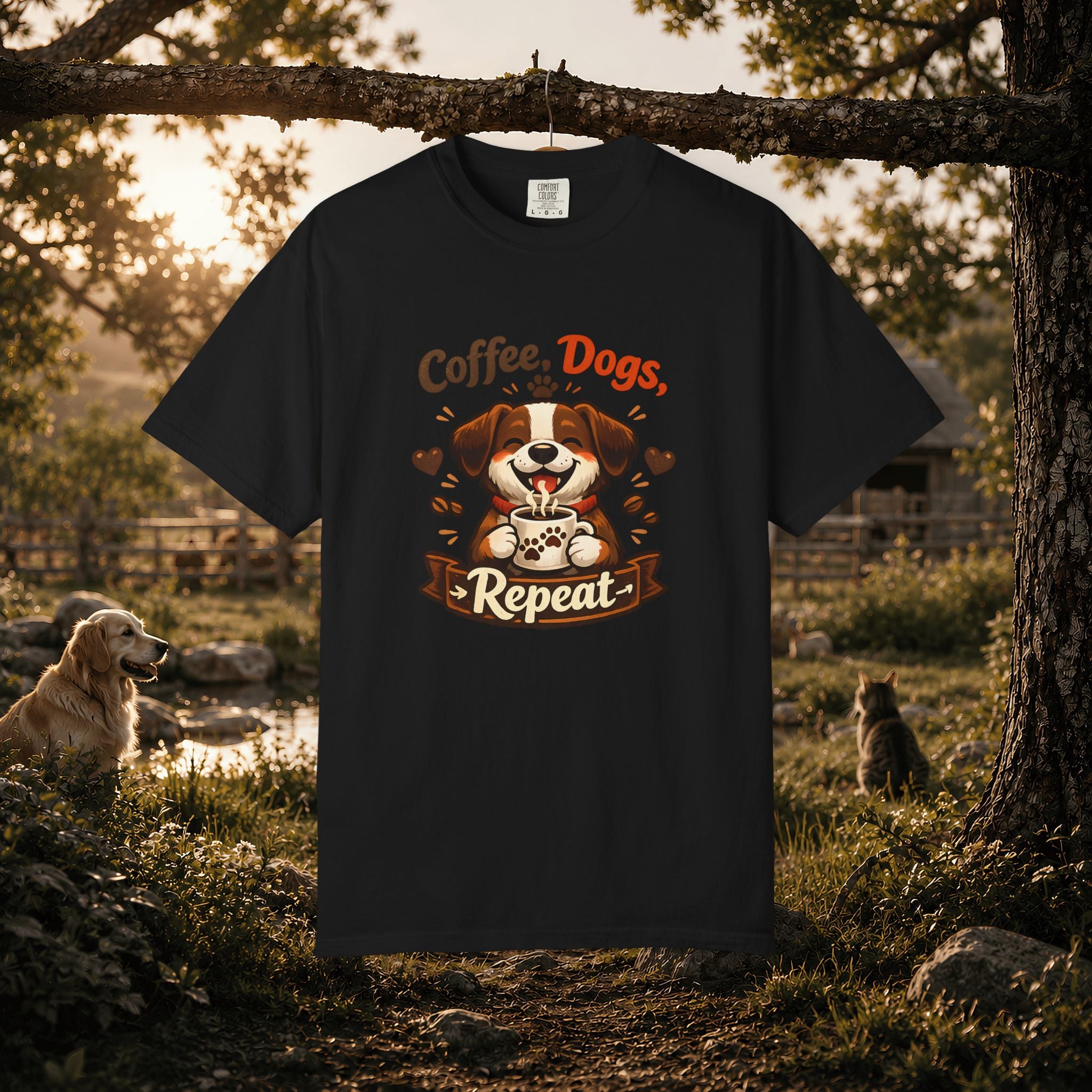 "Coffee, Dogs, Repeat" Cute Dog & Coffee Graphic T-Shirt
