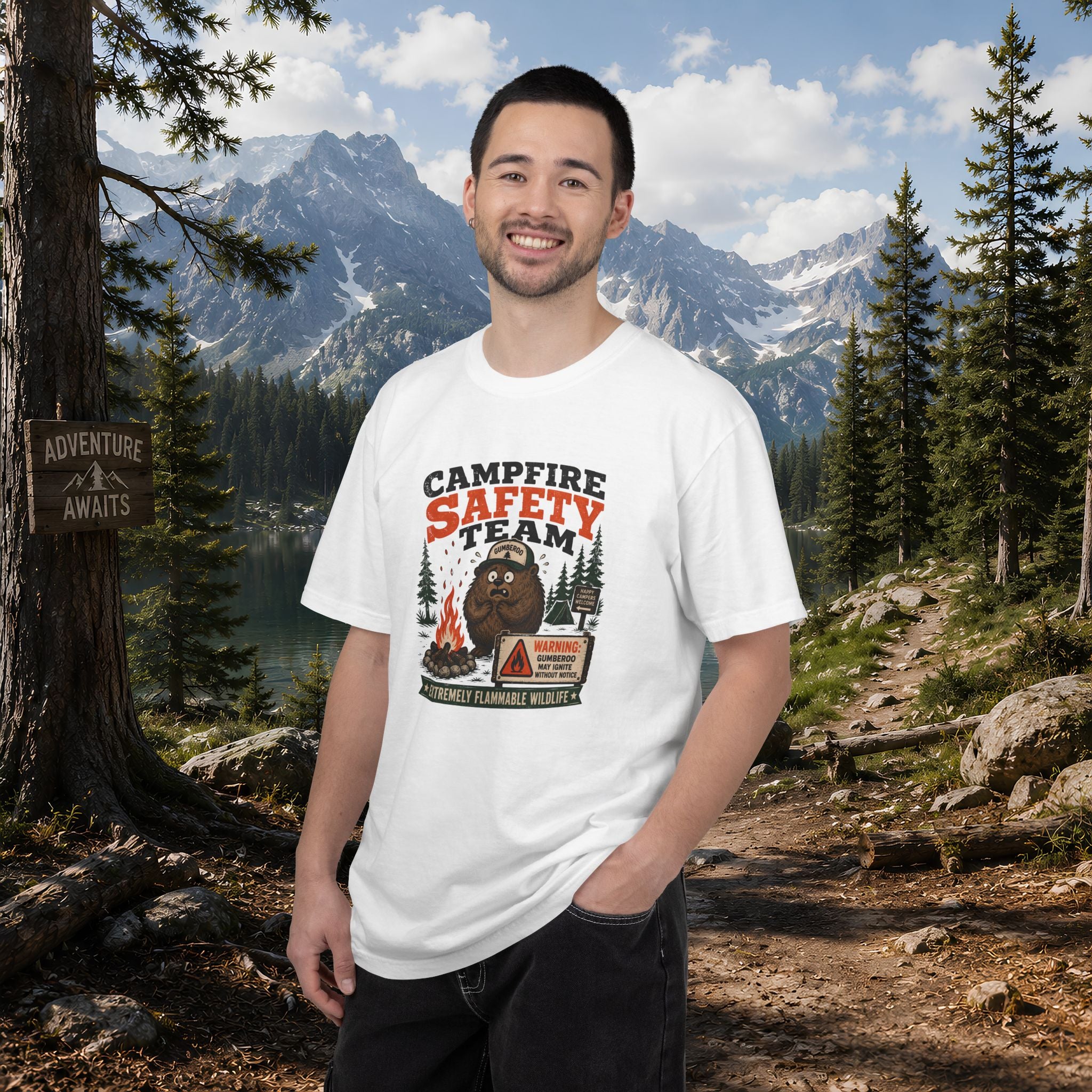 Gumberoo Campfire Safety Tee — Bear Cryptid Patch Graphic