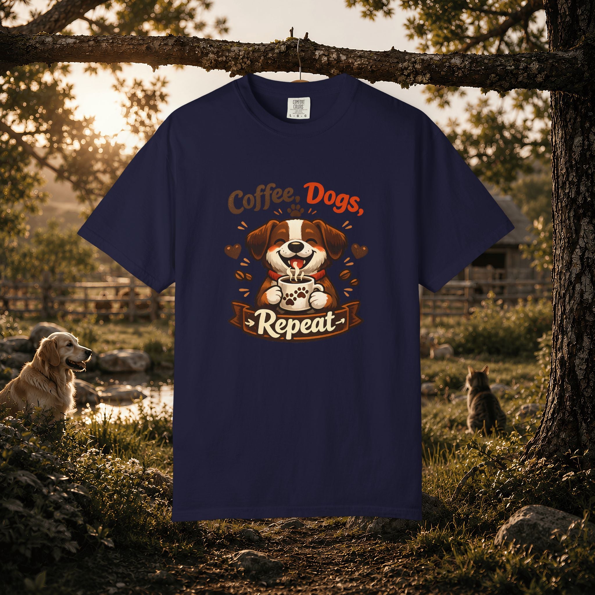 "Coffee, Dogs, Repeat" Cute Dog & Coffee Graphic T-Shirt