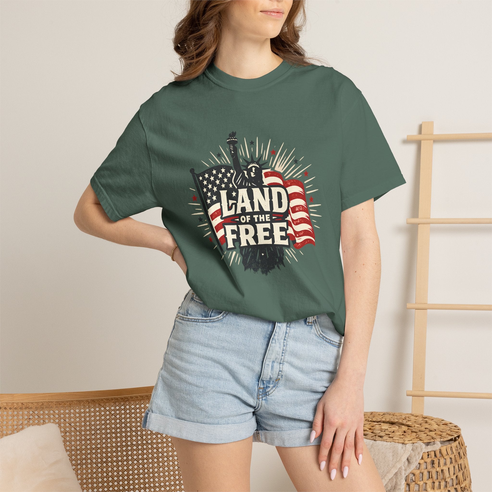 Land of the Free T-Shirt – Patriotic American Flag & Statue of Liberty Graphic