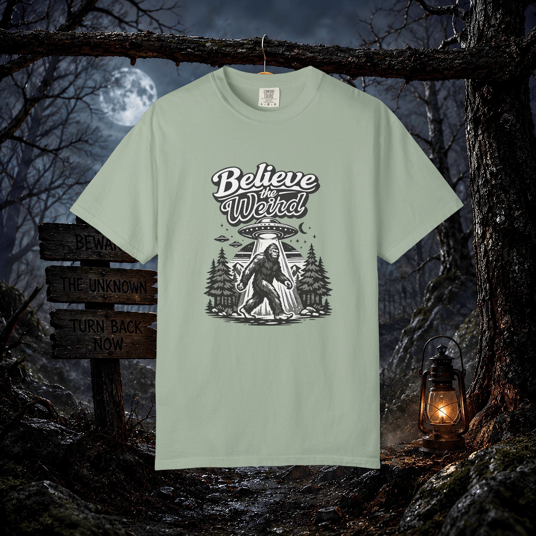 Believe the Weird T-Shirt — Bigfoot Forest UFO Graphic Tee