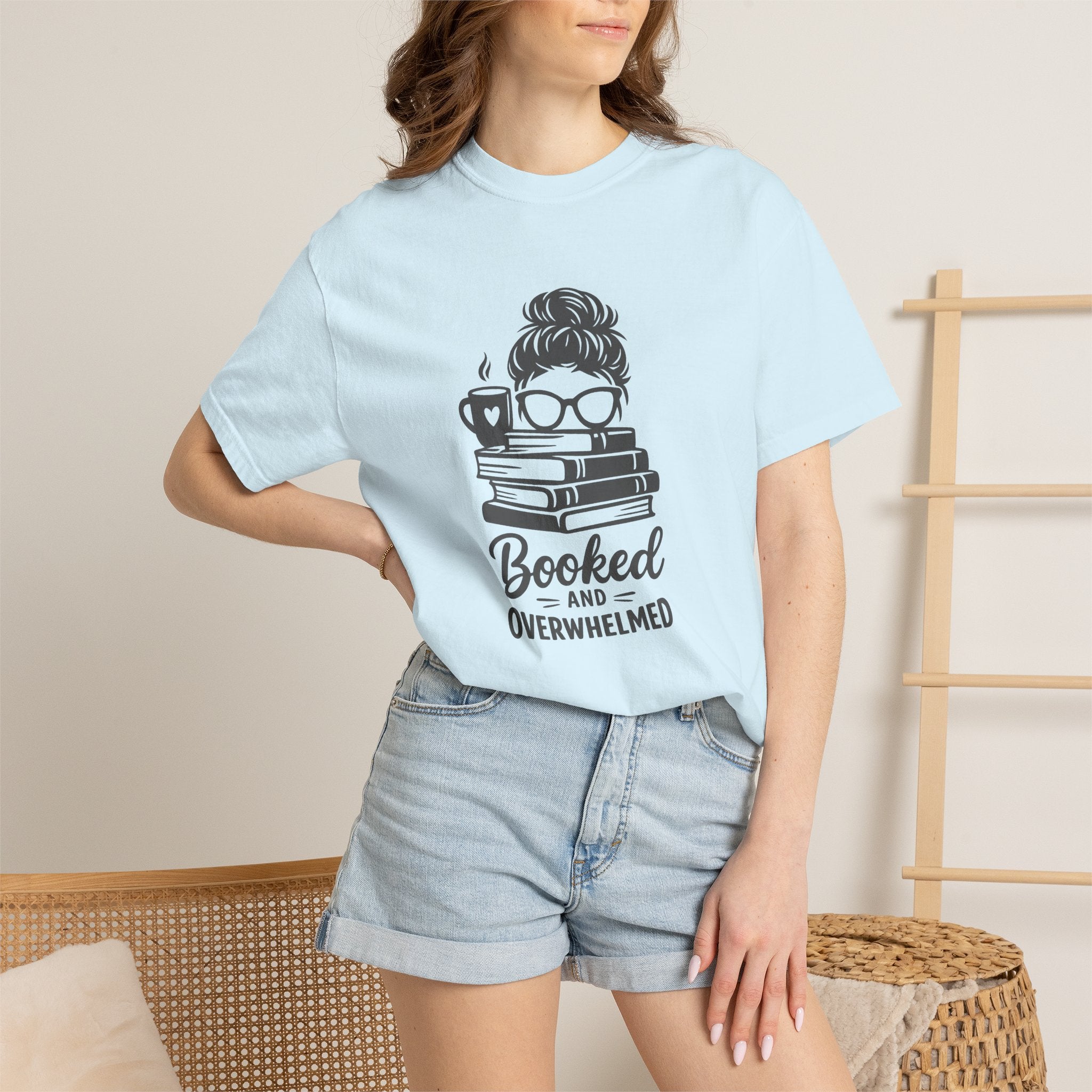 Book Lover T-Shirt — "Booked and Overwhelmed" Graphic Tee