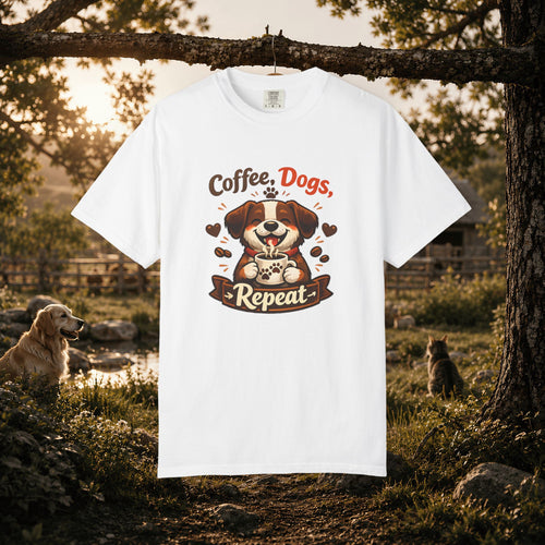 "Coffee, Dogs, Repeat" Cute Dog & Coffee Graphic T-Shirt