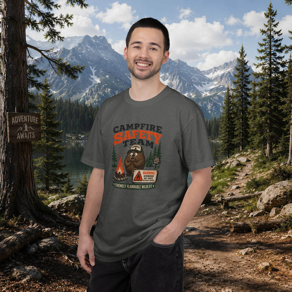 Gumberoo Campfire Safety Tee — Bear Cryptid Patch Graphic