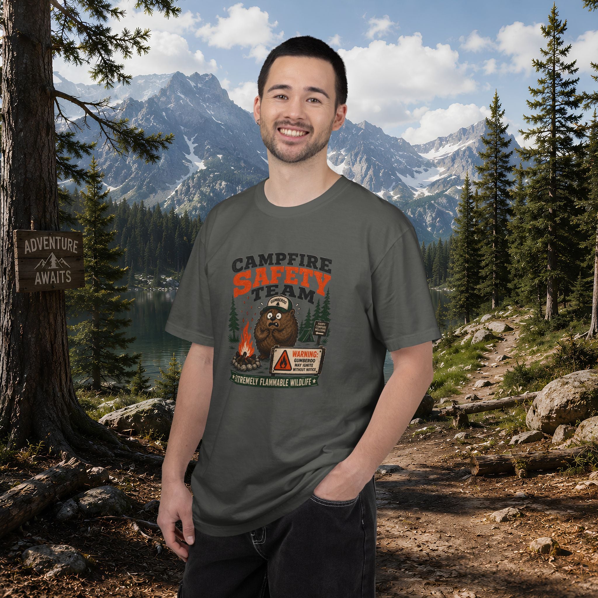 Gumberoo Campfire Safety Tee — Bear Cryptid Patch Graphic