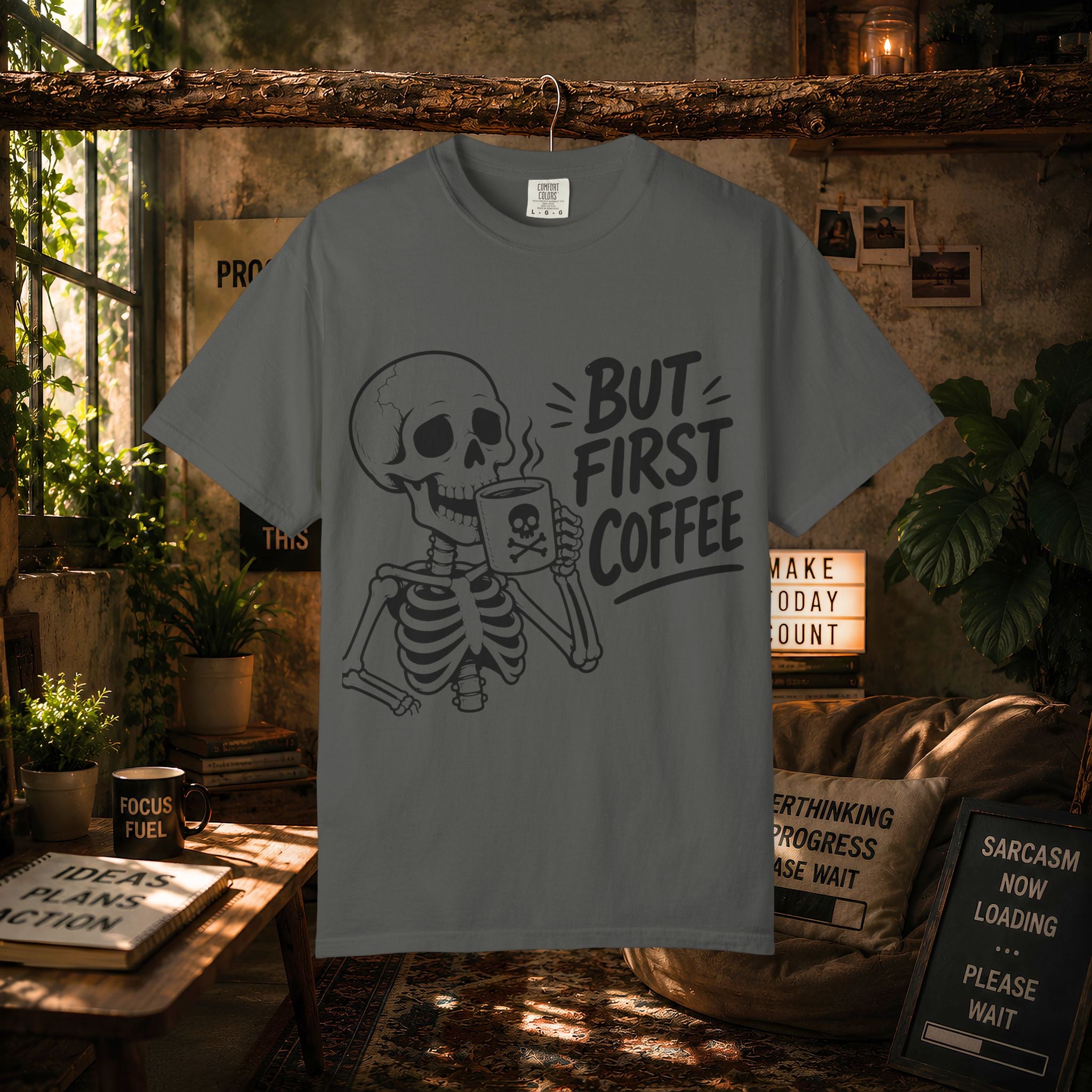 Skeleton Holding Coffee But First Coffee T-Shirt | Coffee Lover Tee