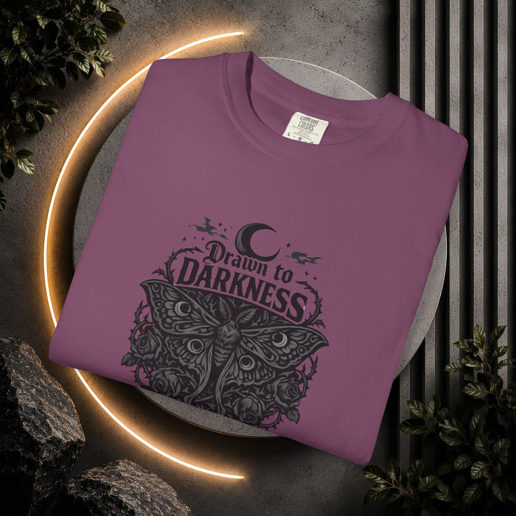 Dark Aesthetic T-Shirt — "Drawn to Darkness" Gothic Moon Graphic Tee