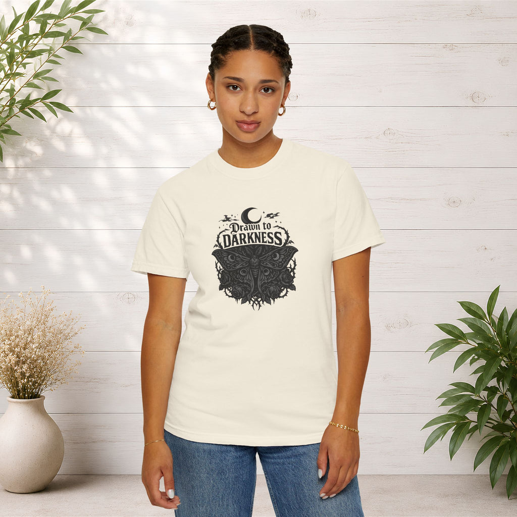Dark Aesthetic T-Shirt — "Drawn to Darkness" Gothic Moon Graphic Tee