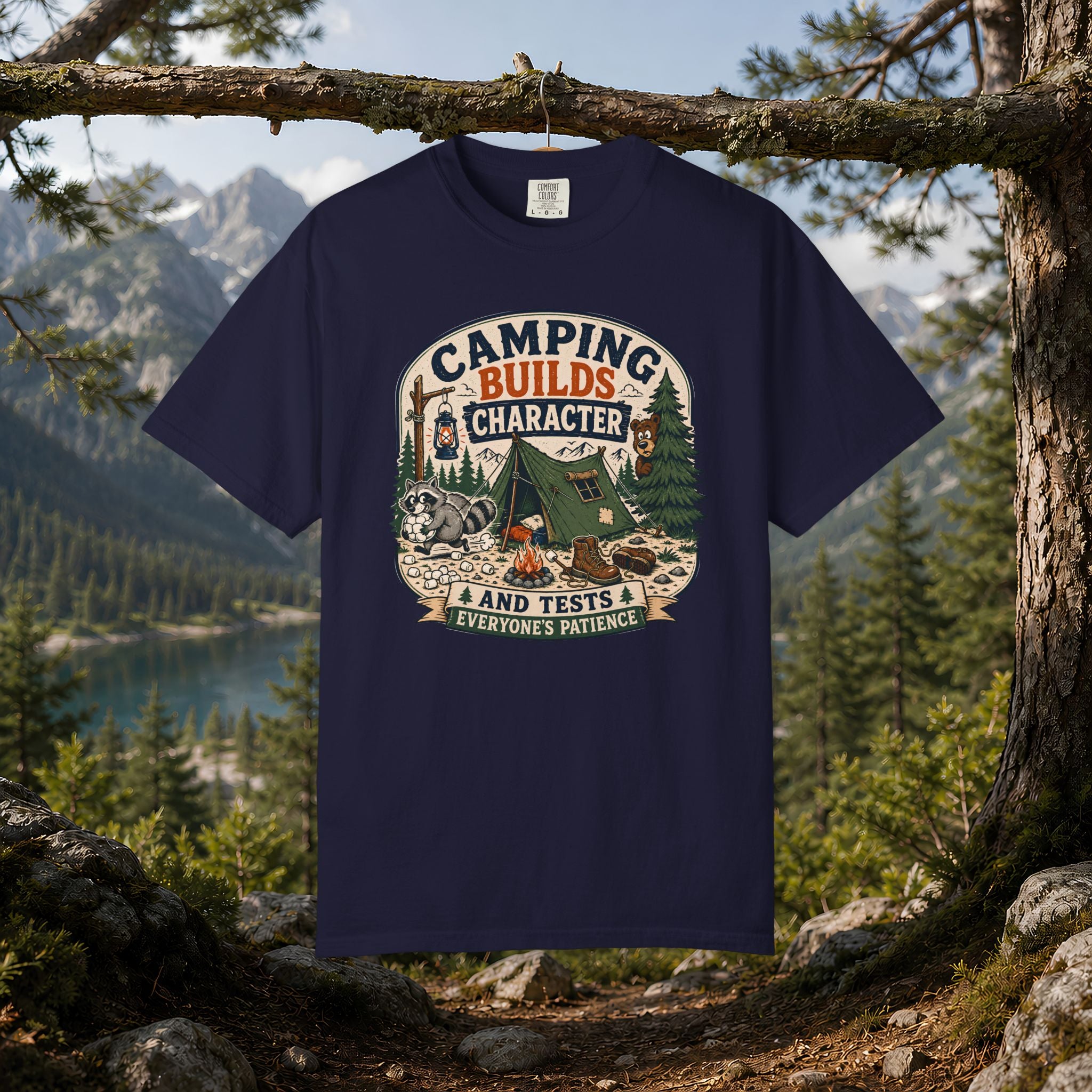 Camping Builds Character T-Shirt — Vintage Tent, Forest & Campfire Outdoor Tee
