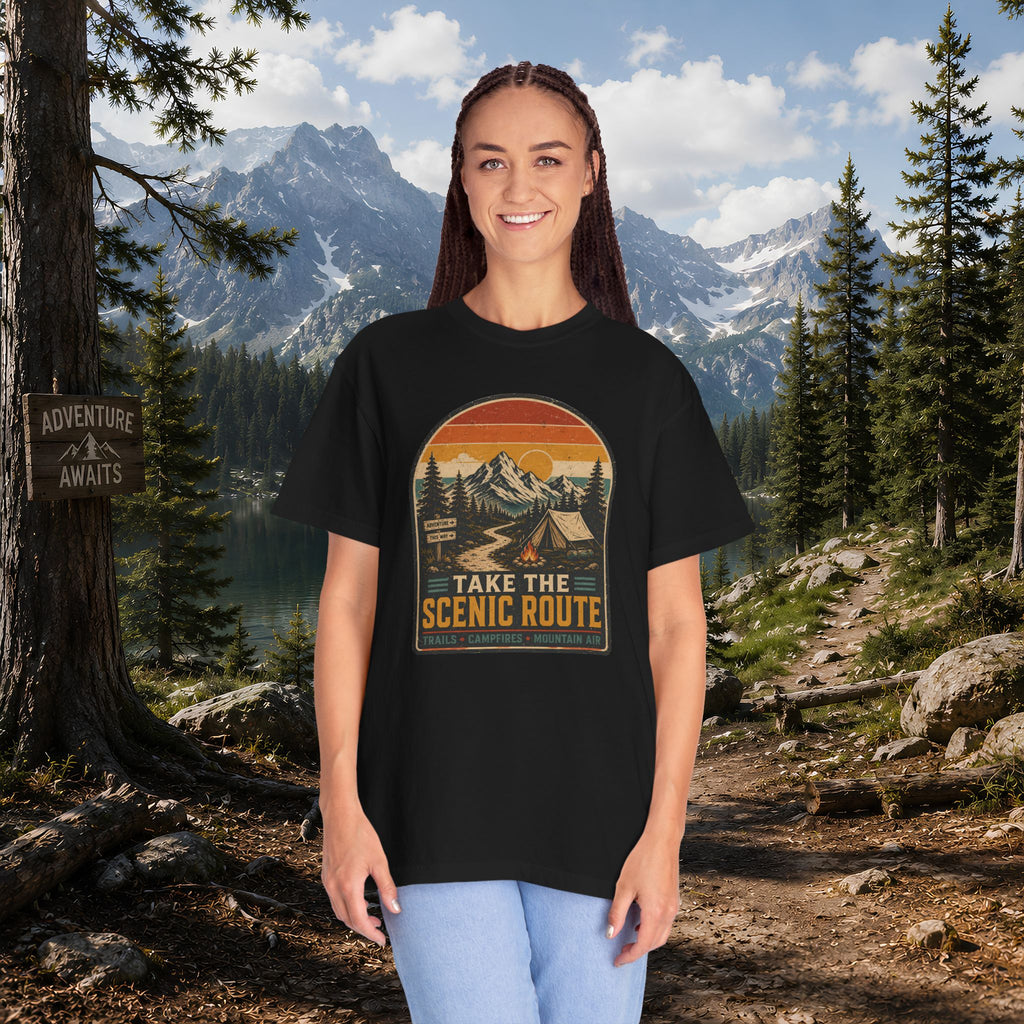 Scenic Route Camping T-Shirt — Retro Mountains & Tent Outdoor Tee