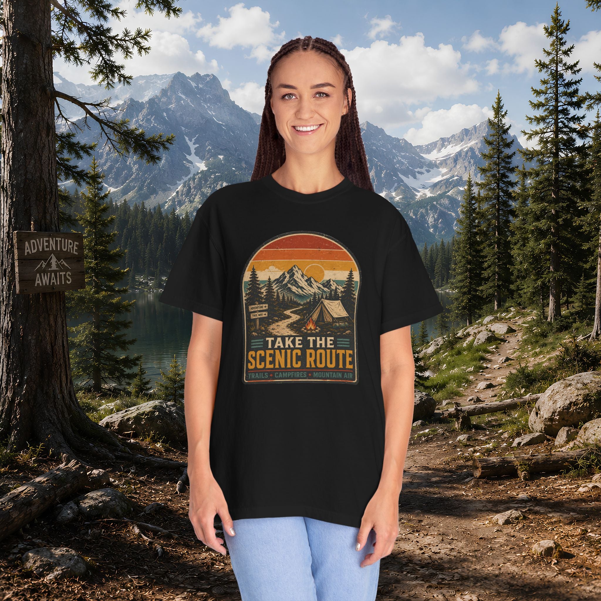 Scenic Route Camping T-Shirt — Retro Mountains & Tent Outdoor Tee