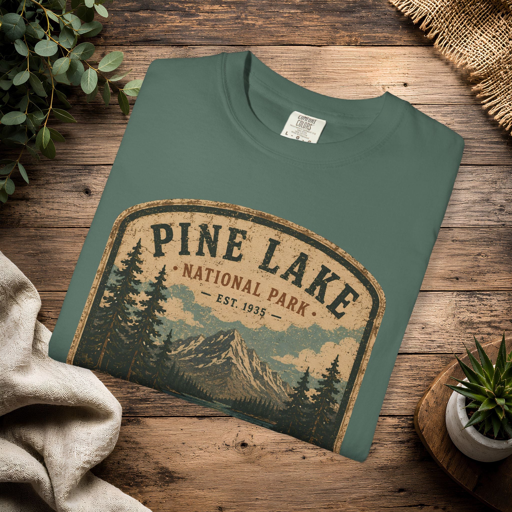 Pine Lake National Park Badge T-Shirt | Mountain Lake Forest Graphic