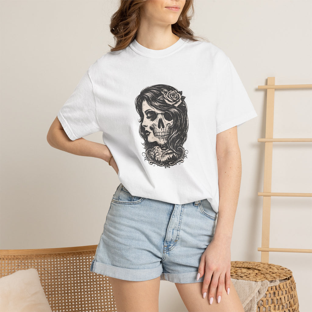 Skull Lady Rose T-Shirt — Vintage Day of the Dead Portrait Tee