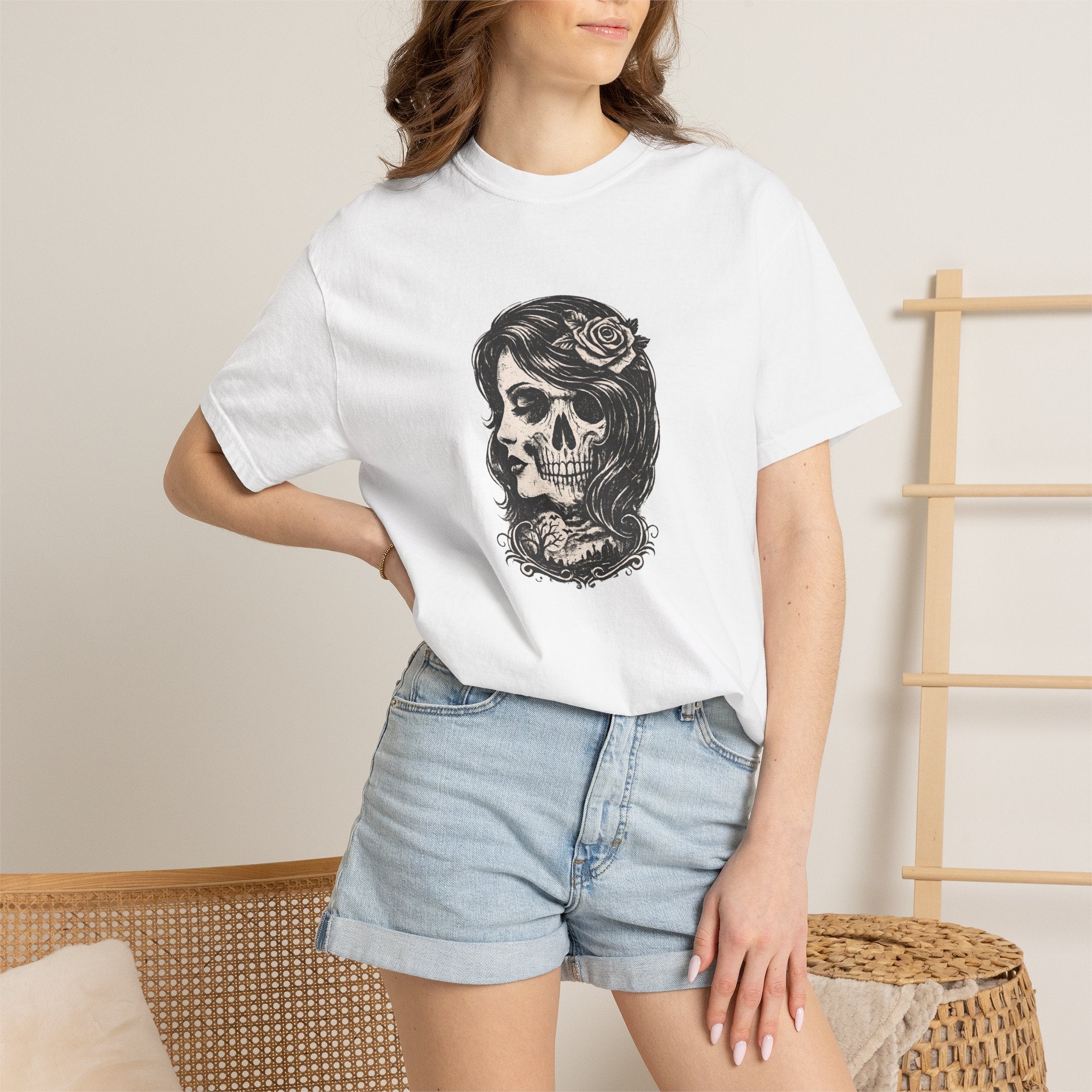 Skull Lady Rose T-Shirt — Vintage Day of the Dead Portrait Tee
