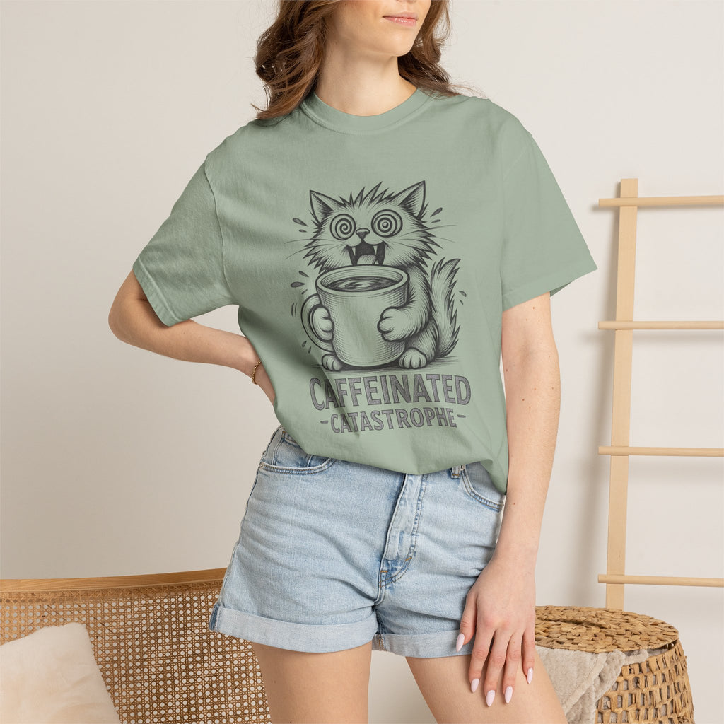 Caffeinated Cat T-Shirt — "Caffeinated Catastrophe" Coffee Lover Tee