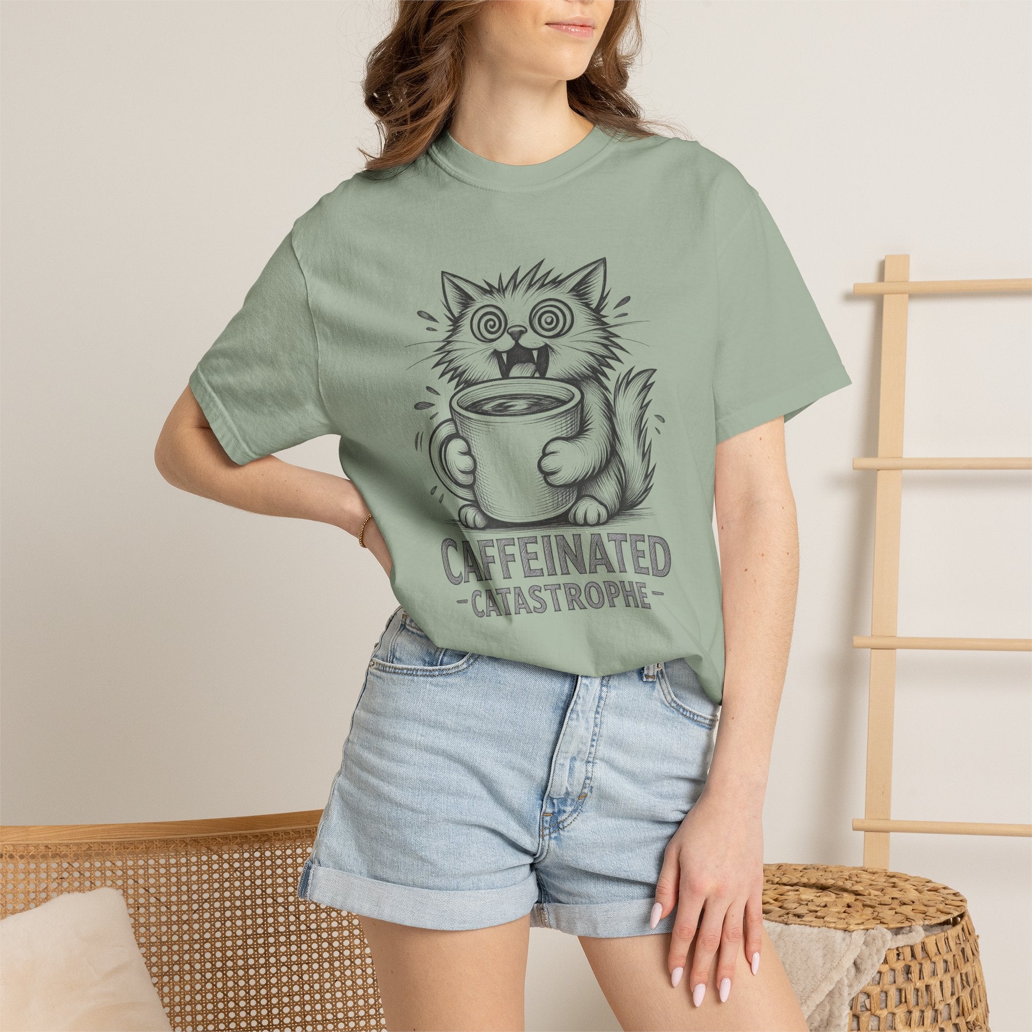 Caffeinated Cat T-Shirt — "Caffeinated Catastrophe" Coffee Lover Tee