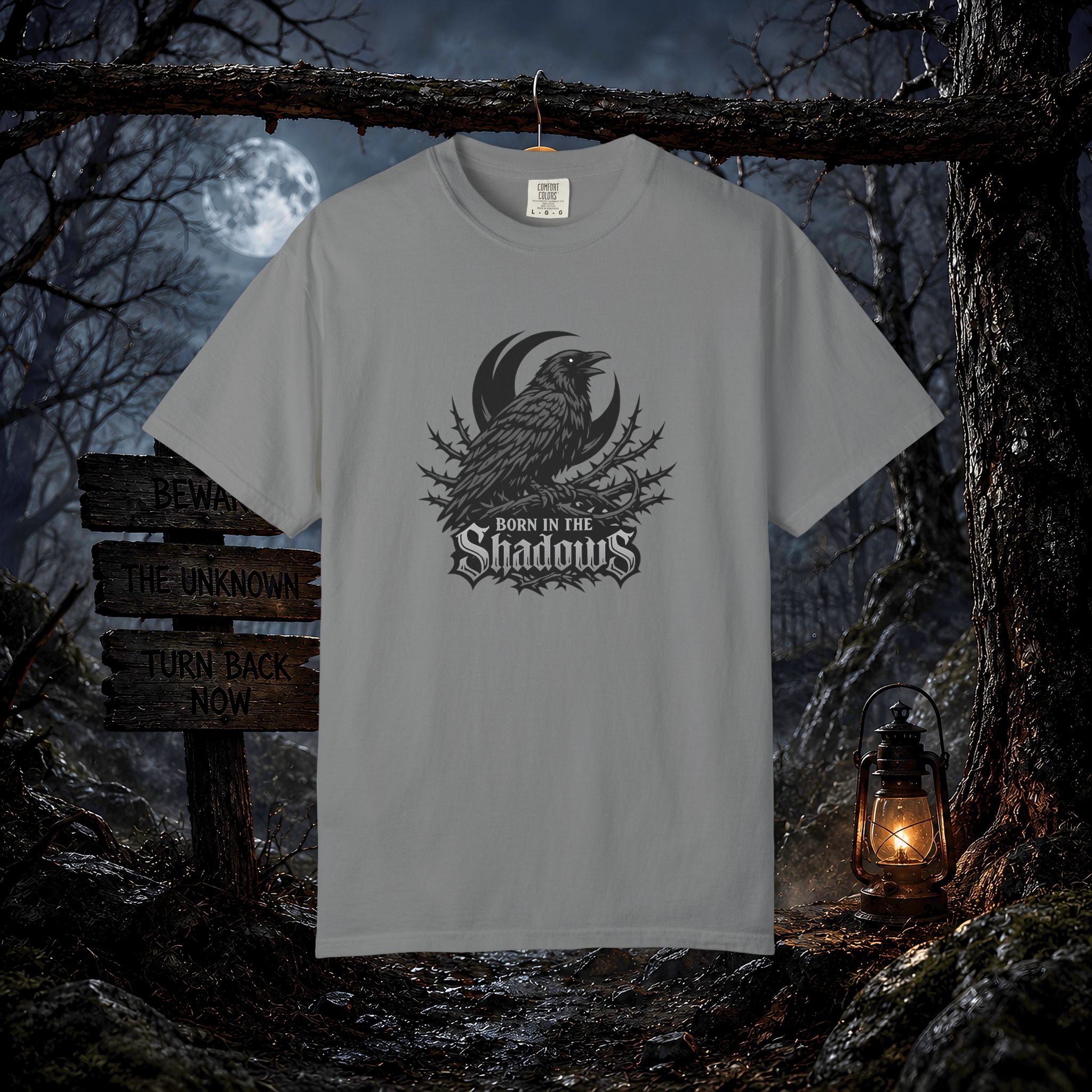Born in the Shadows T-Shirt — Gothic Raven Graphic Tee