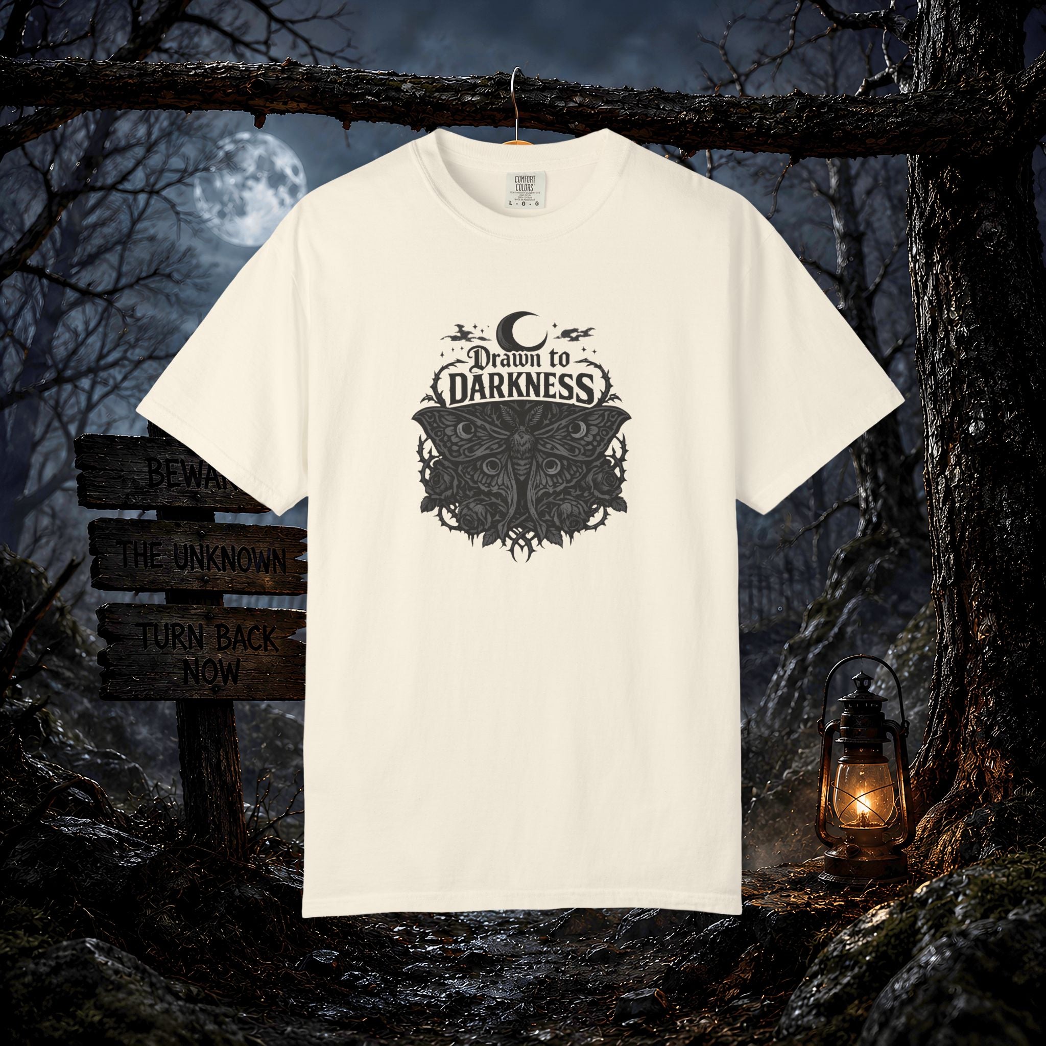 Dark Aesthetic T-Shirt — "Drawn to Darkness" Gothic Moon Graphic Tee