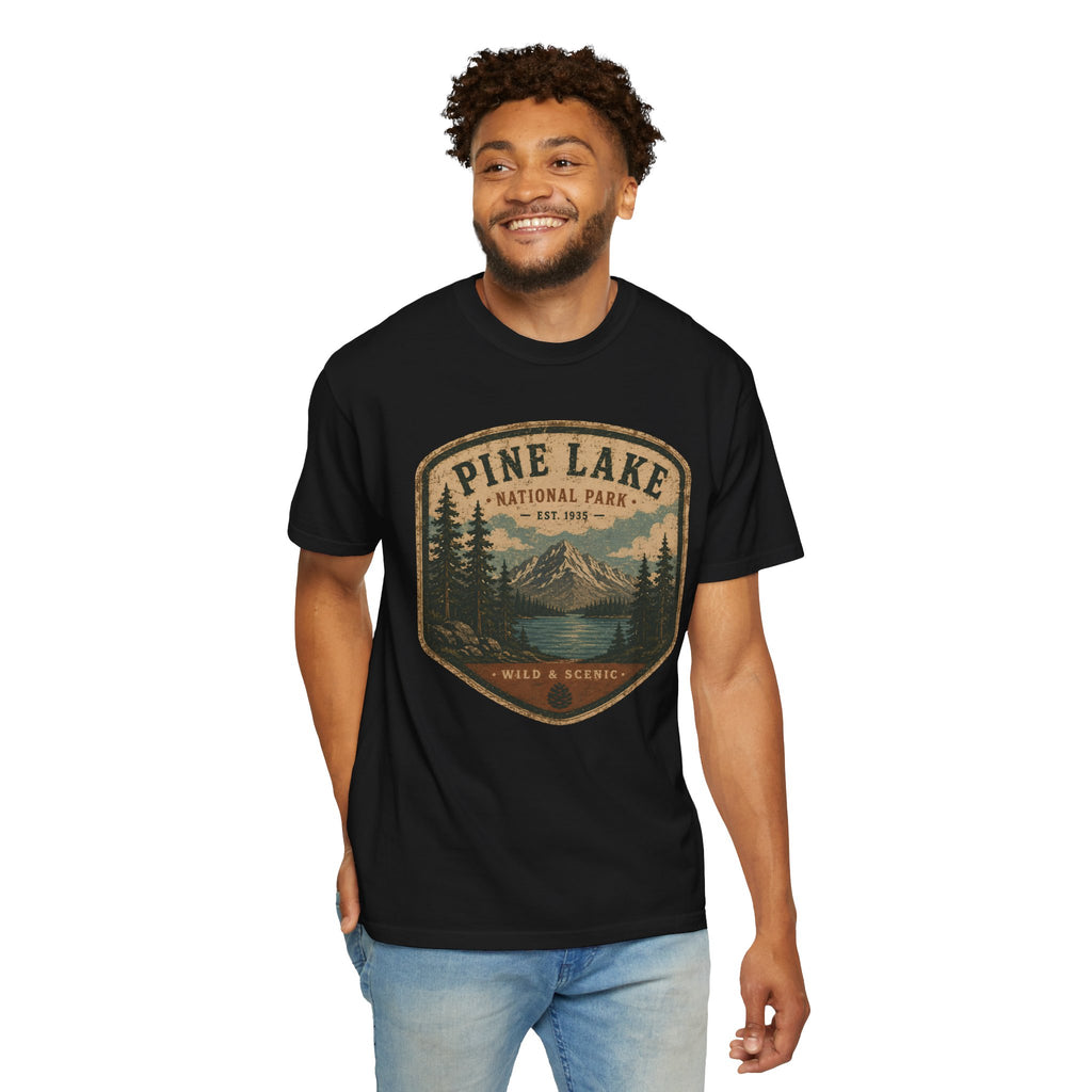 Pine Lake National Park Badge T-Shirt | Mountain Lake Forest Graphic