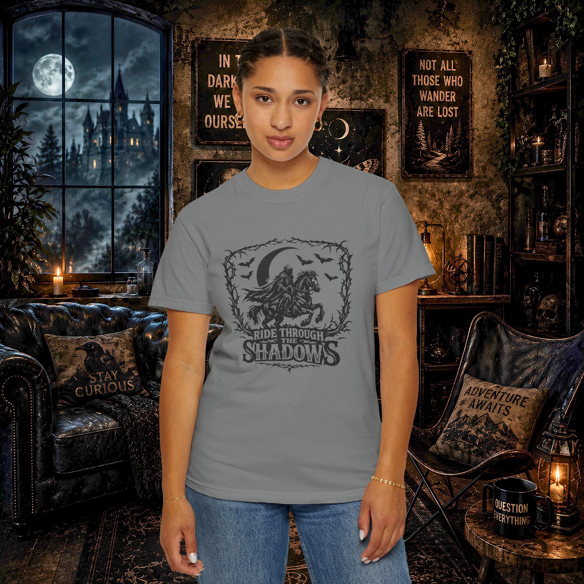 Ride Through Shadows T-Shirt — Gothic Raven Horse Moon Design
