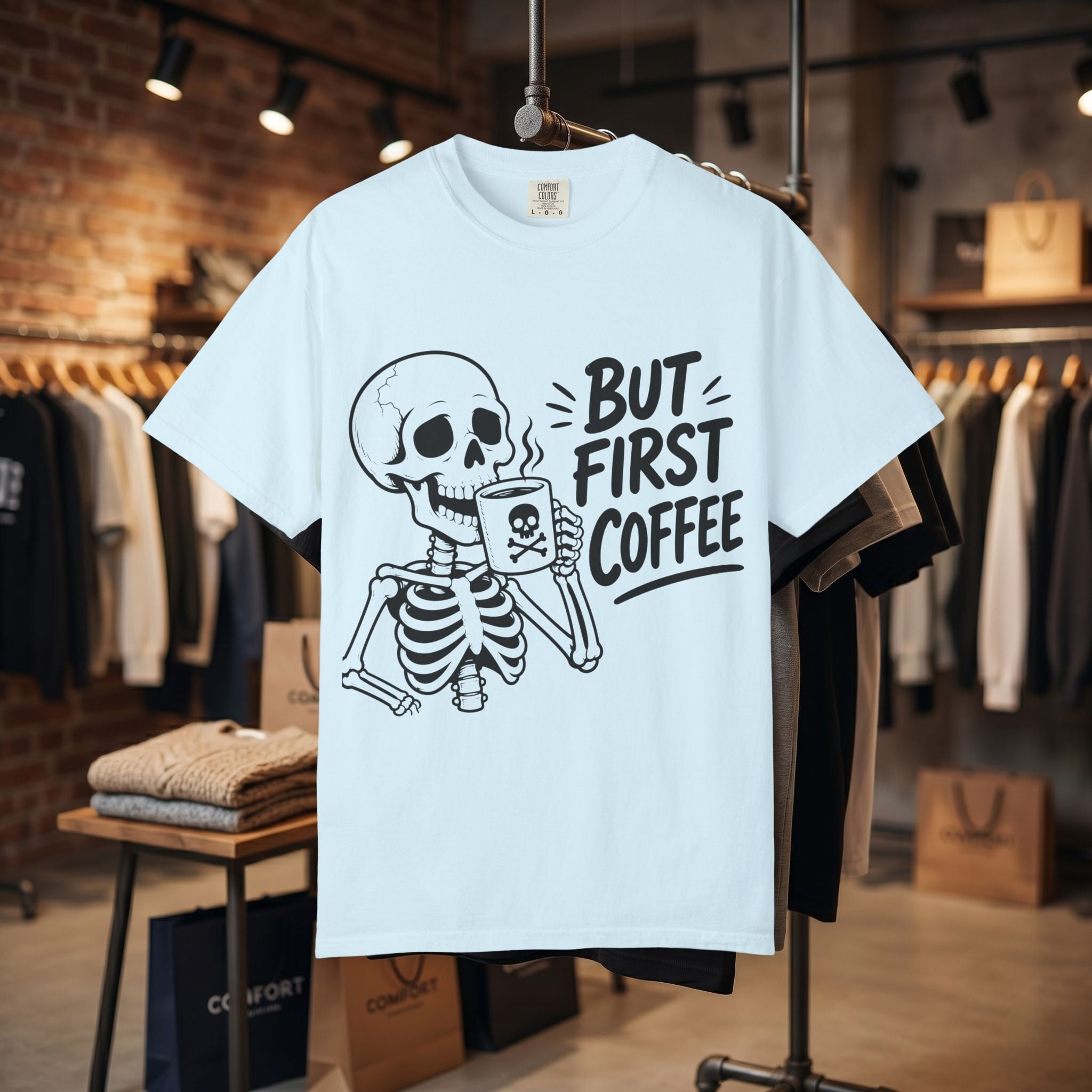 Skeleton Holding Coffee But First Coffee T-Shirt | Coffee Lover Tee