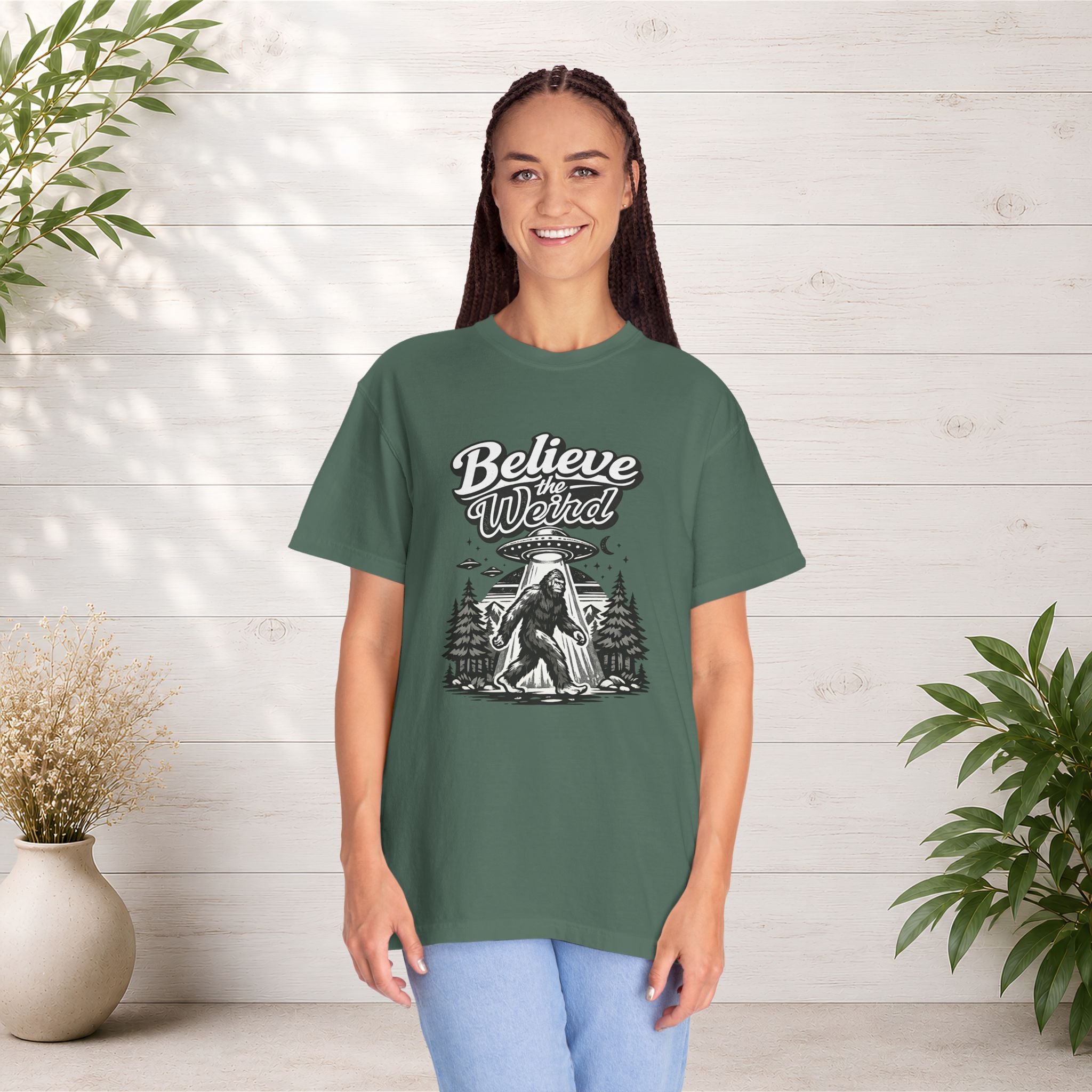 Believe the Weird T-Shirt — Bigfoot Forest UFO Graphic Tee