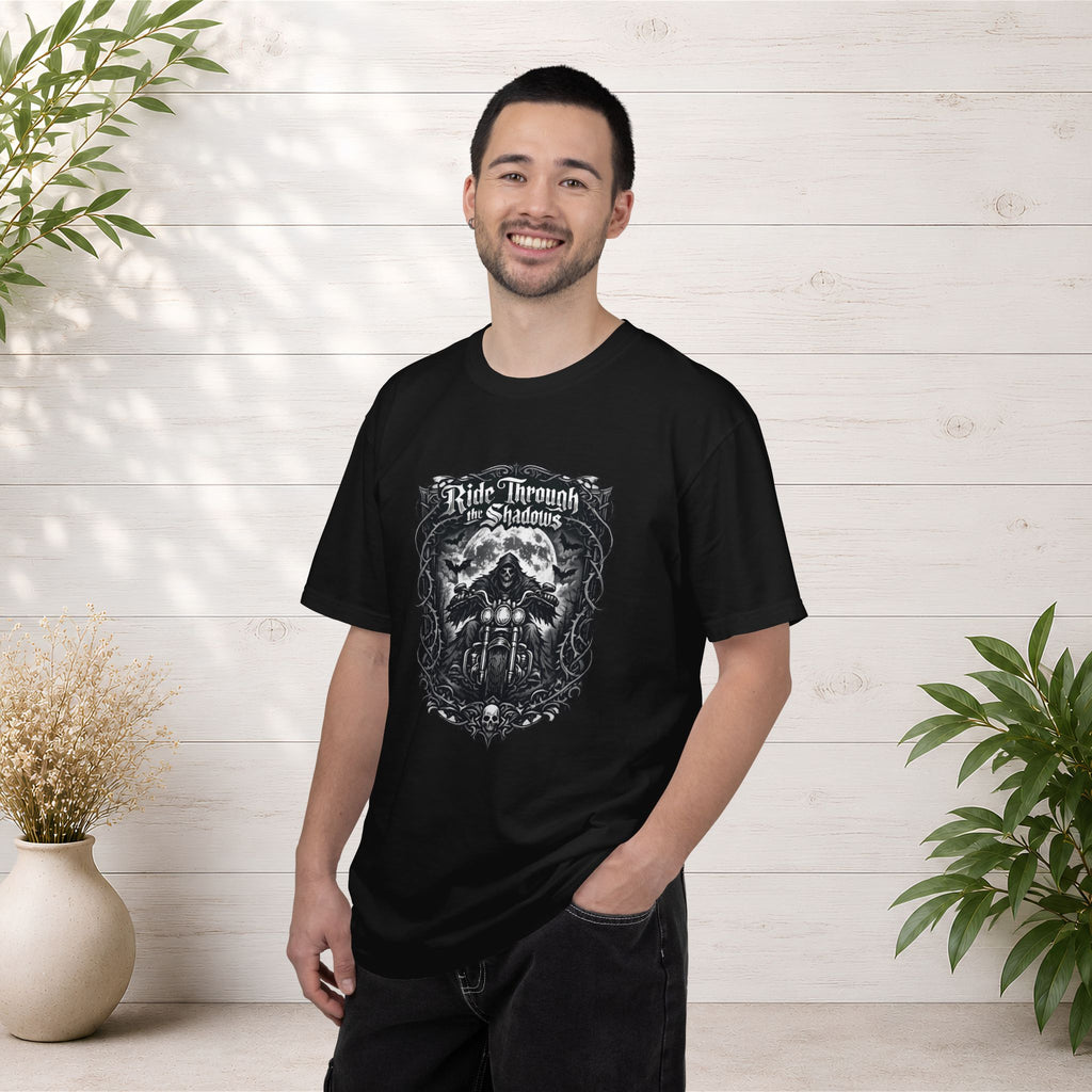 Ride Through Shadows T-Shirt — Gothic Skull Motorcycle Graphic Tee