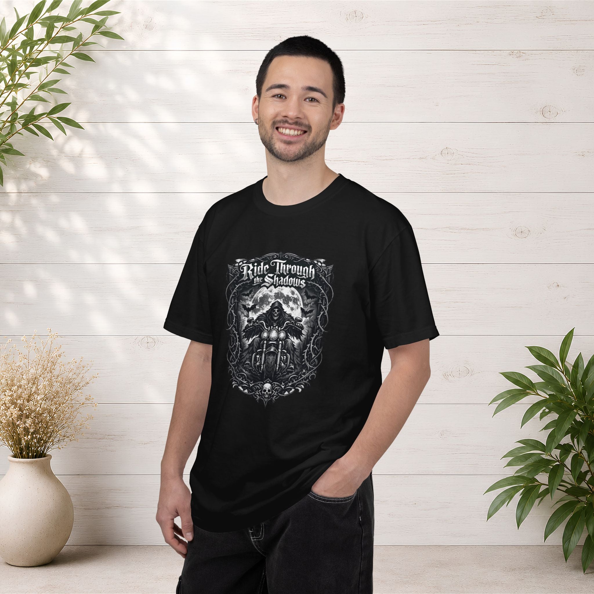 Ride Through Shadows T-Shirt — Gothic Skull Motorcycle Graphic Tee