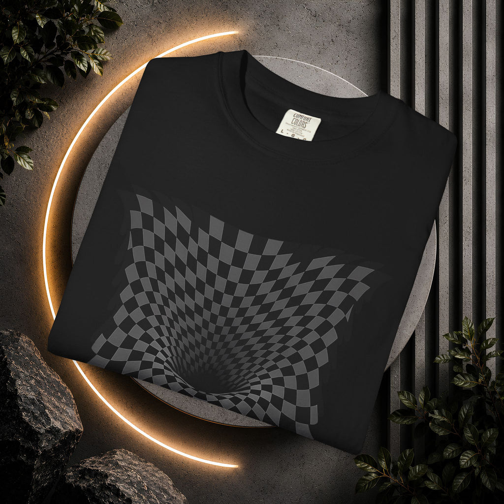 Optical Illusion Checkered T‑Shirt — Psychedelic Vortex Graphic Tee