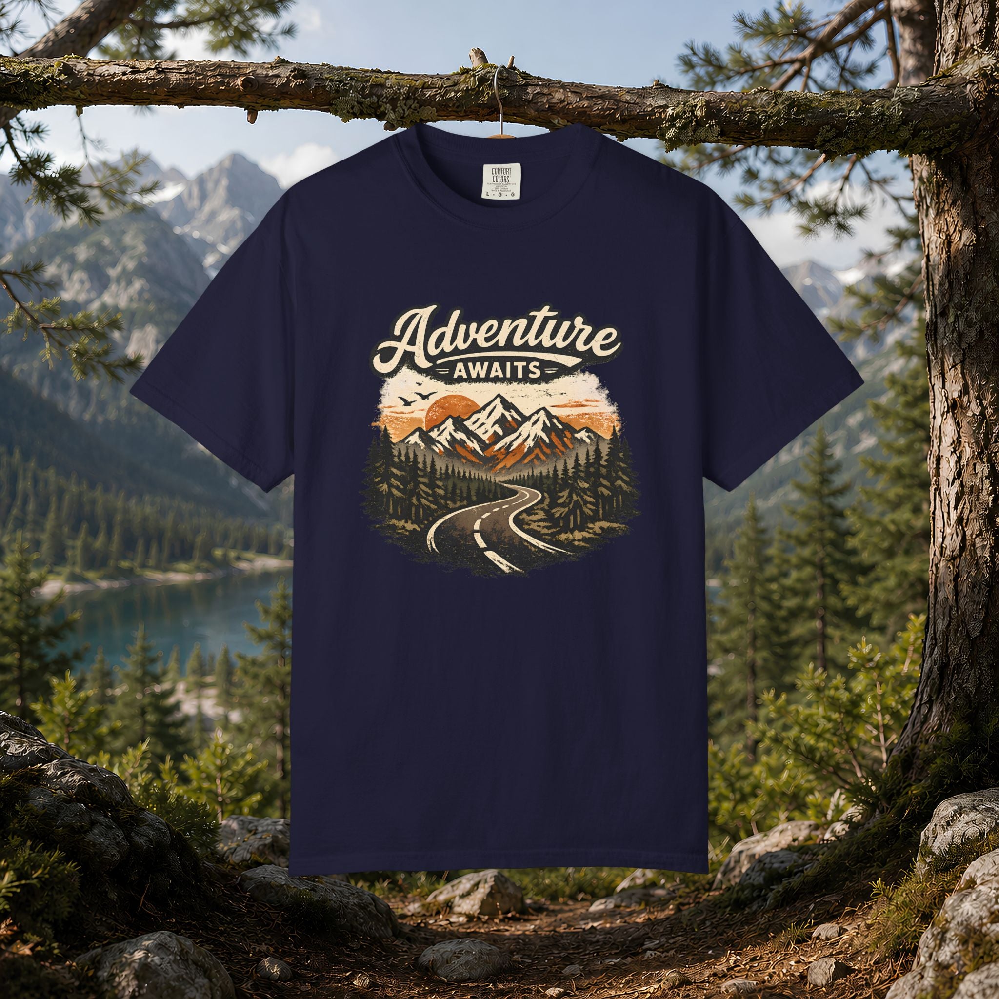 Adventure Awaits T-Shirt — Scenic Mountain Road Graphic Tee