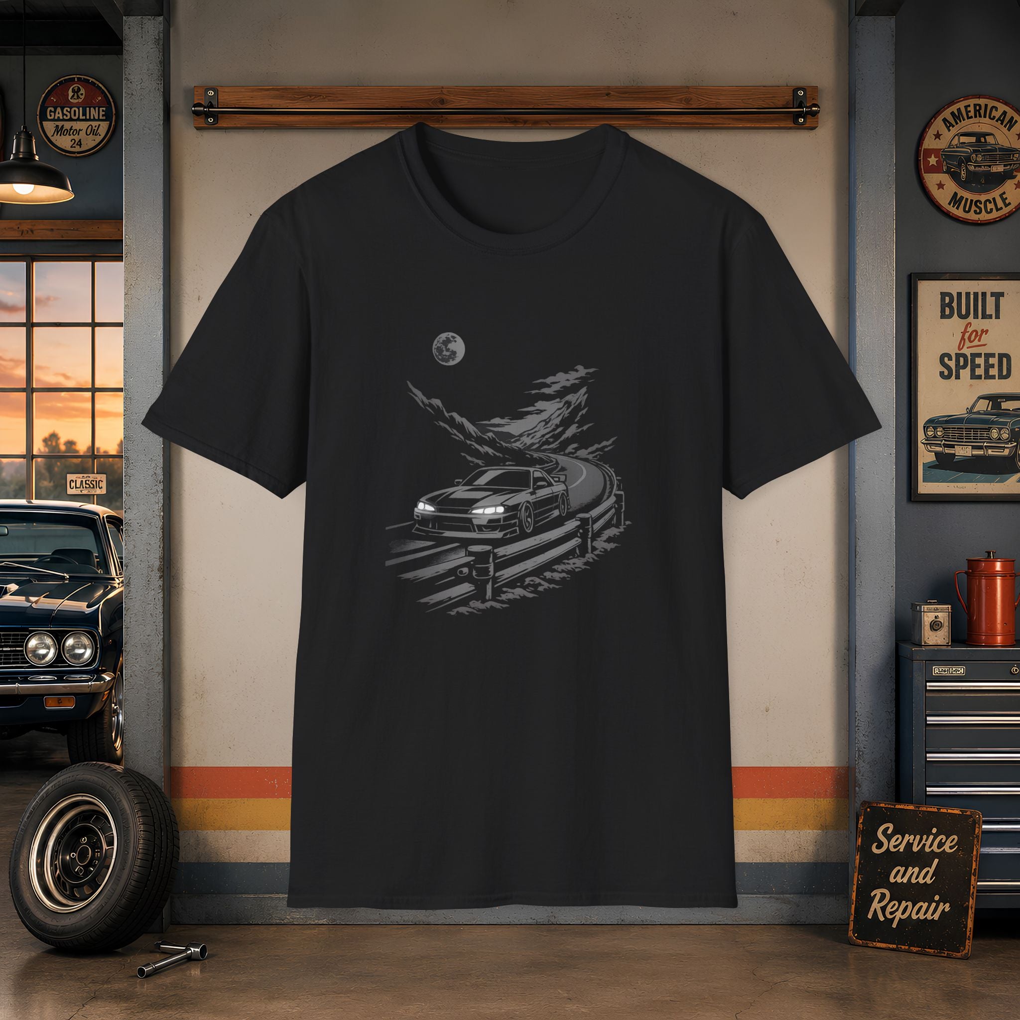 Retro Night Drive JDM car graphic T-Shirt | moonlit road illustration