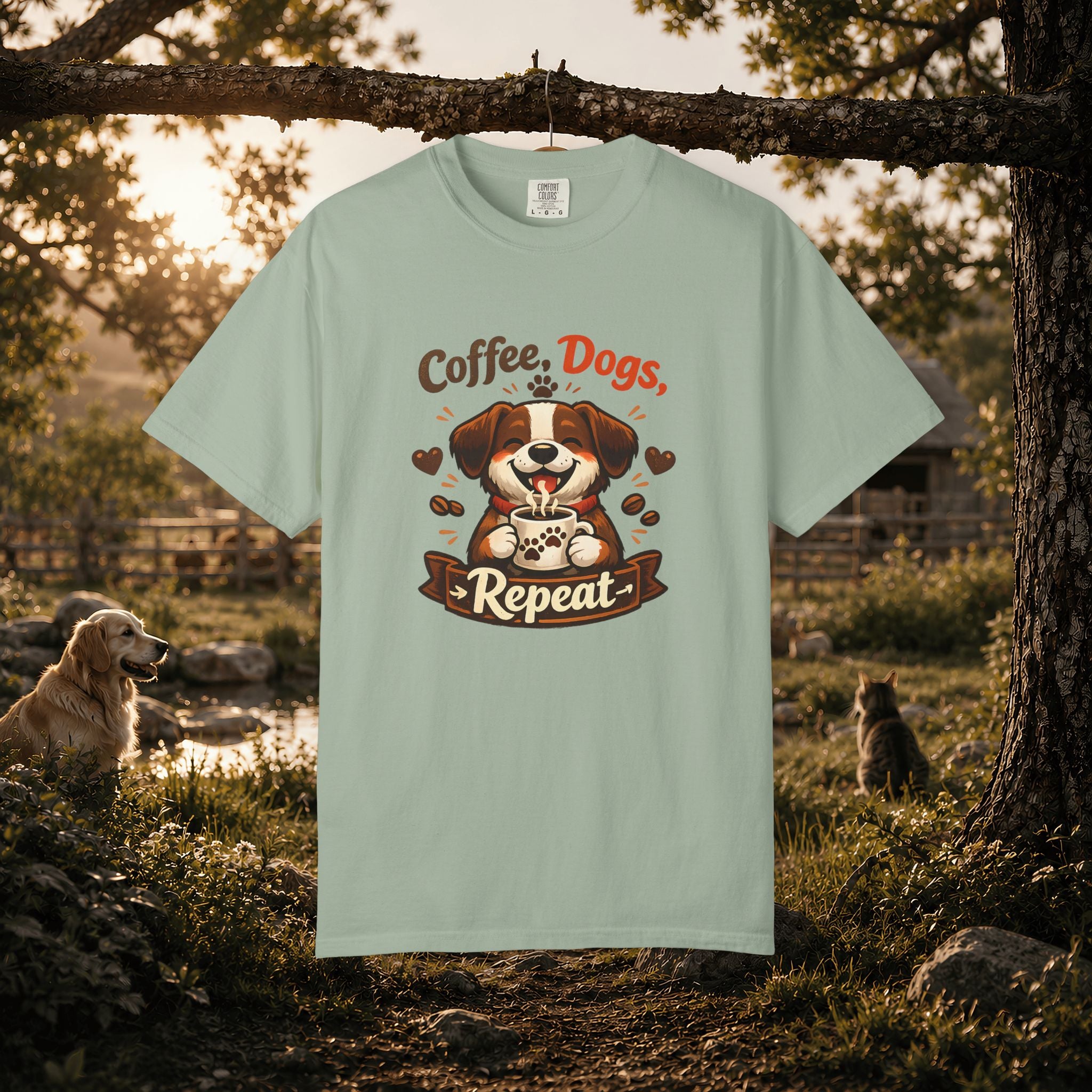 "Coffee, Dogs, Repeat" Cute Dog & Coffee Graphic T-Shirt