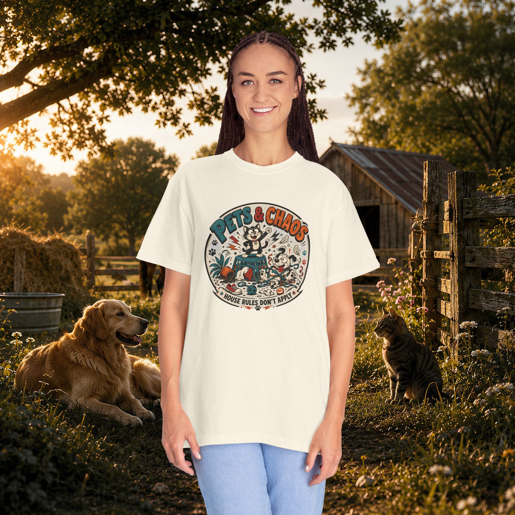 Pets & Chaos Graphic T-Shirt — "House Rules Don't Apply" Vintage Pet Lover Tee