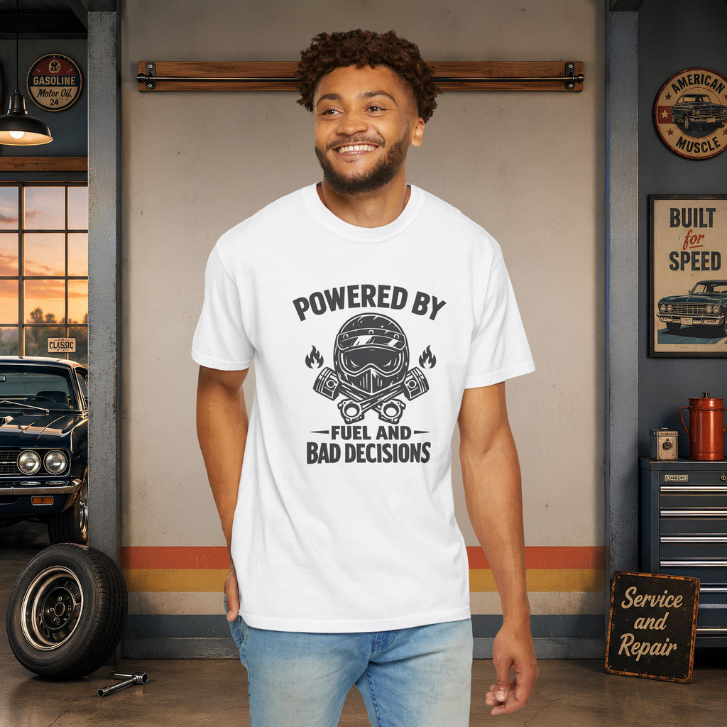 Powered By Fuel And Bad Decisions T-Shirt — Motorcycle Helmet Graphic Tee