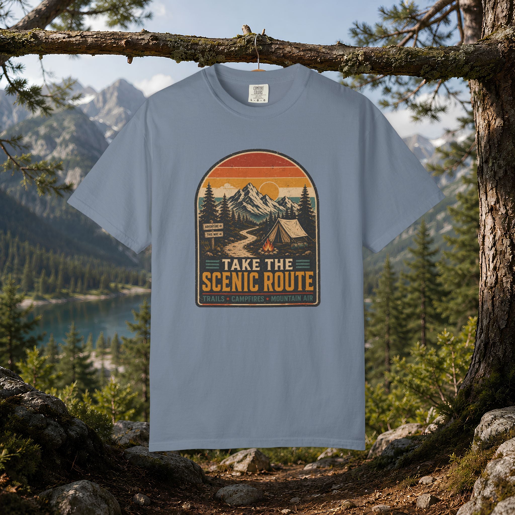 Scenic Route Camping T-Shirt — Retro Mountains & Tent Outdoor Tee