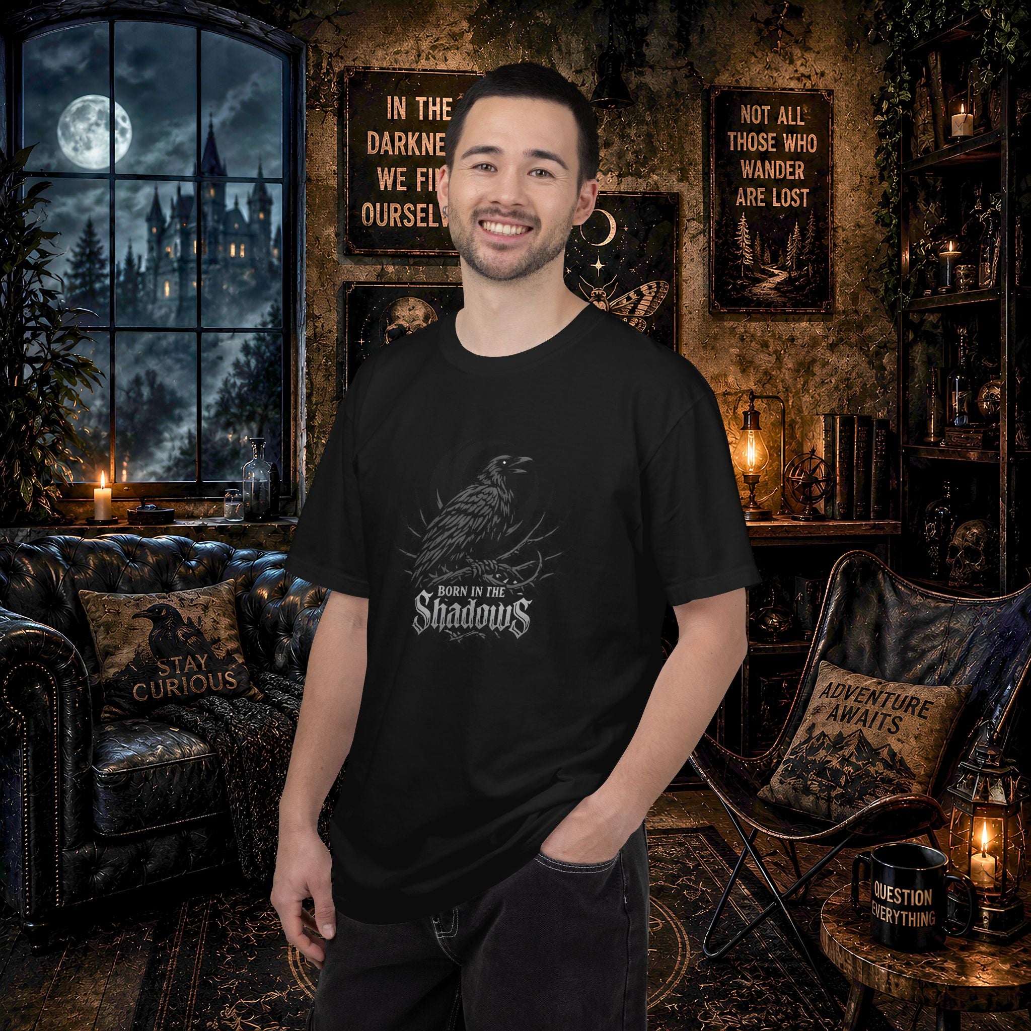 Born in the Shadows T-Shirt — Gothic Raven Graphic Tee