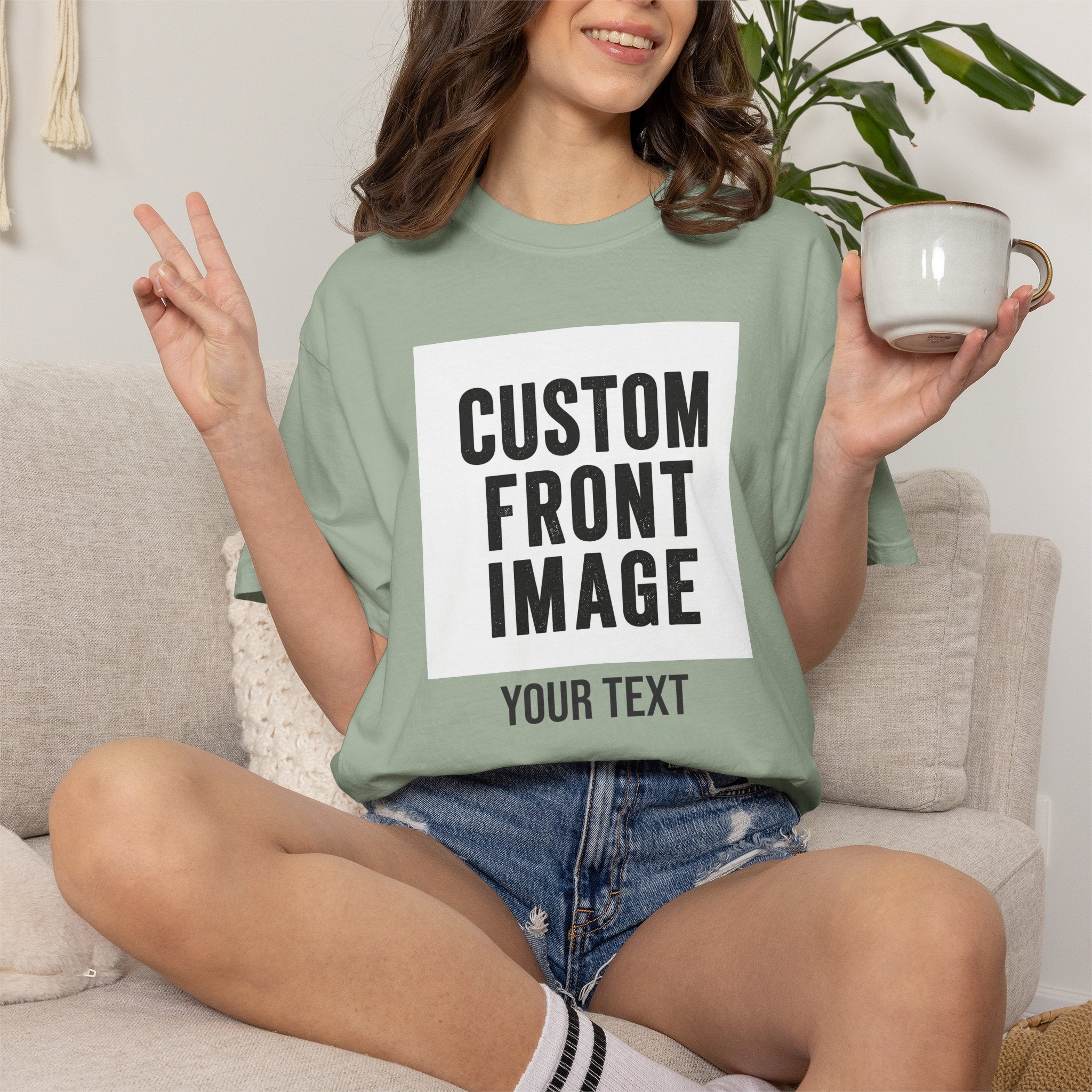 Custom Front Square Print T-Shirt — Personalized Text Bottom & Image Tee