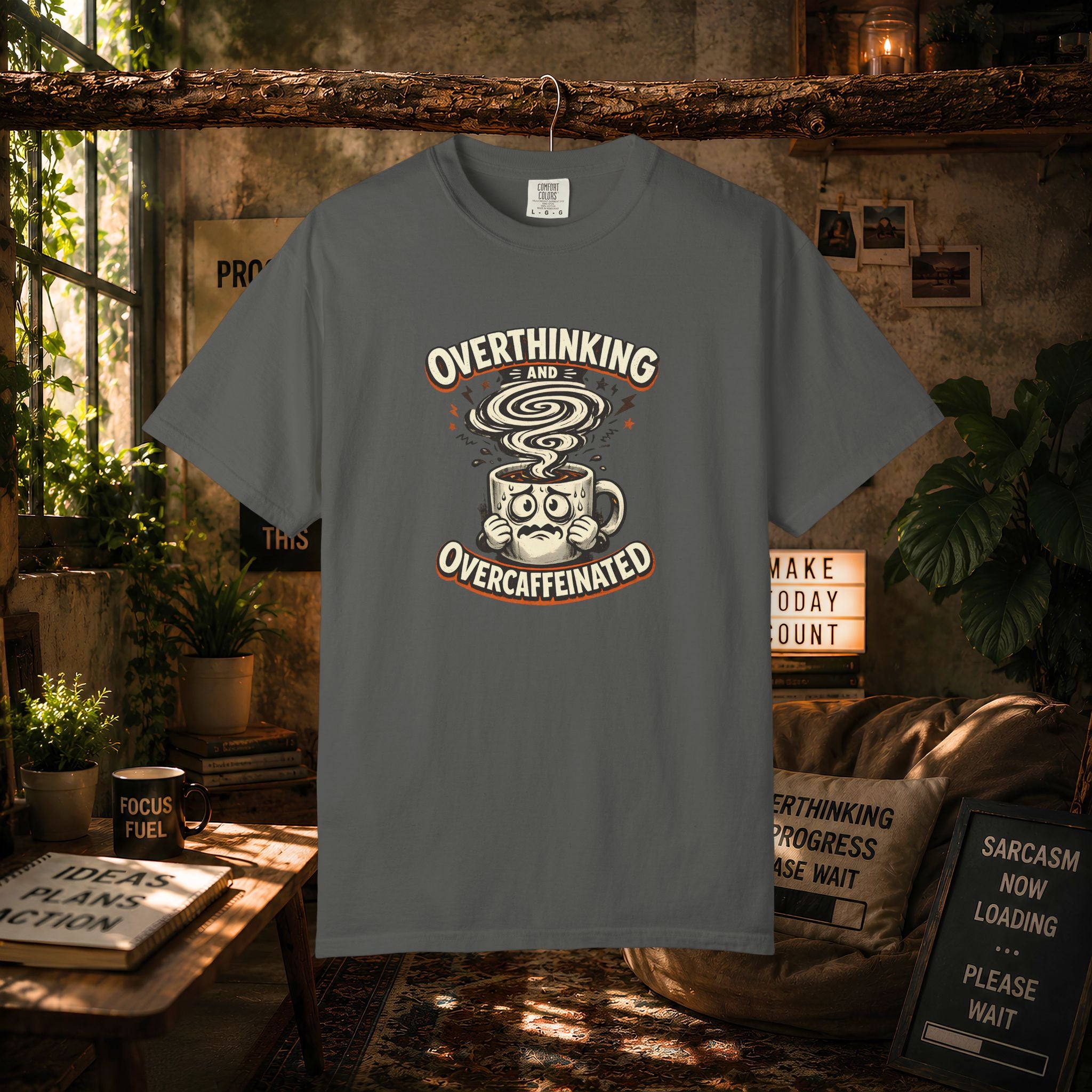 Overthinking & Overcaffeinated T-Shirt — Funny Coffee & Anxiety Graphic Tee