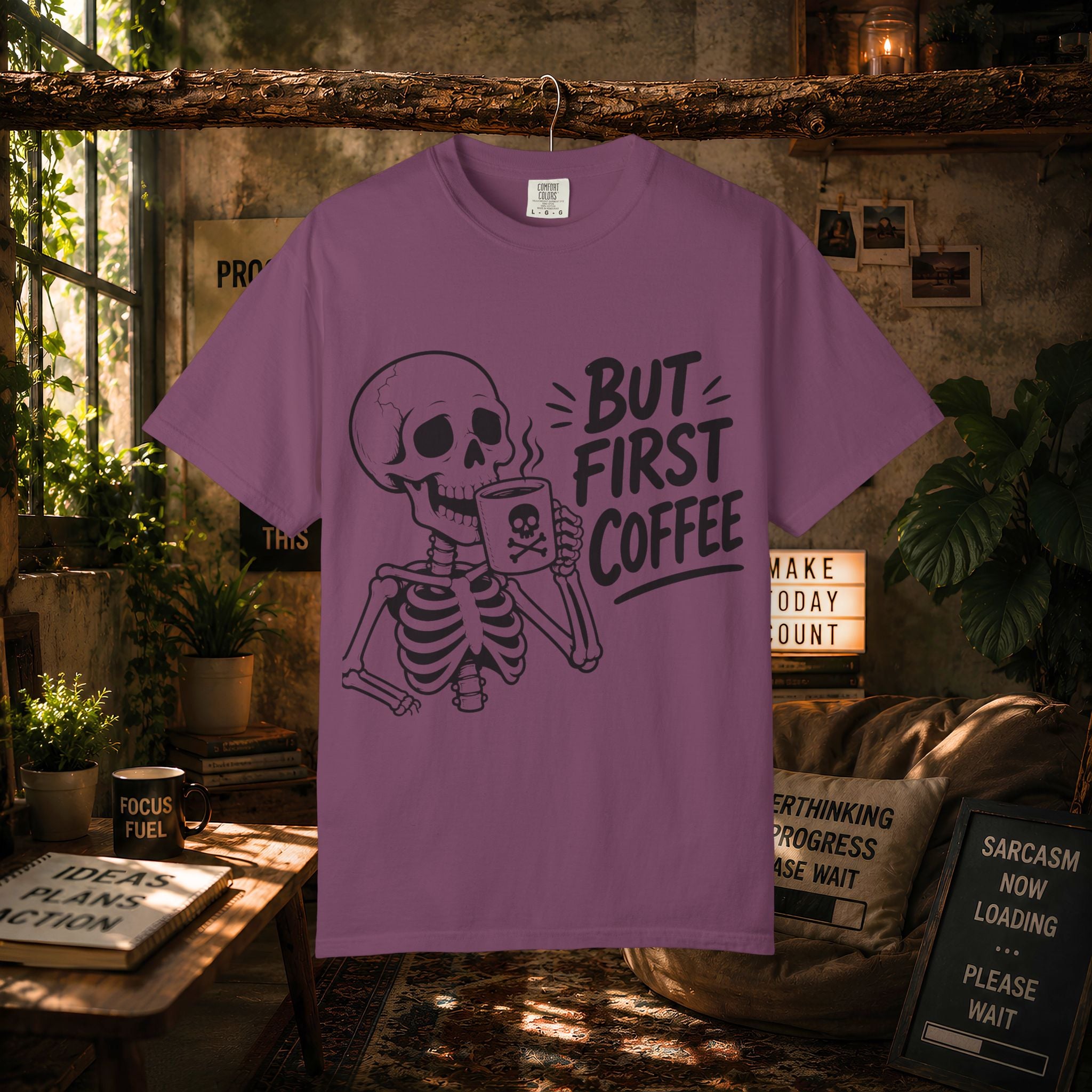 Skeleton Holding Coffee But First Coffee T-Shirt | Coffee Lover Tee