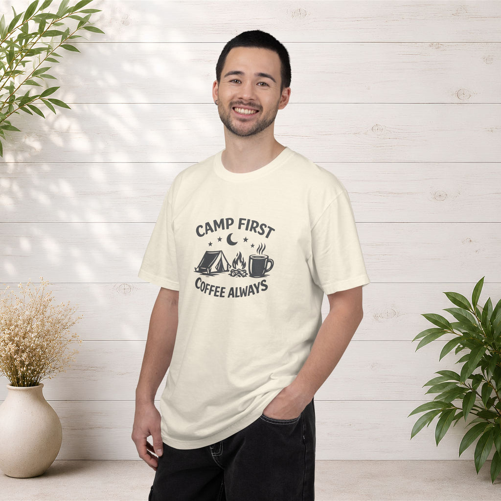Camping T-Shirt — “Camp First, Coffee Always” Adventure Tee