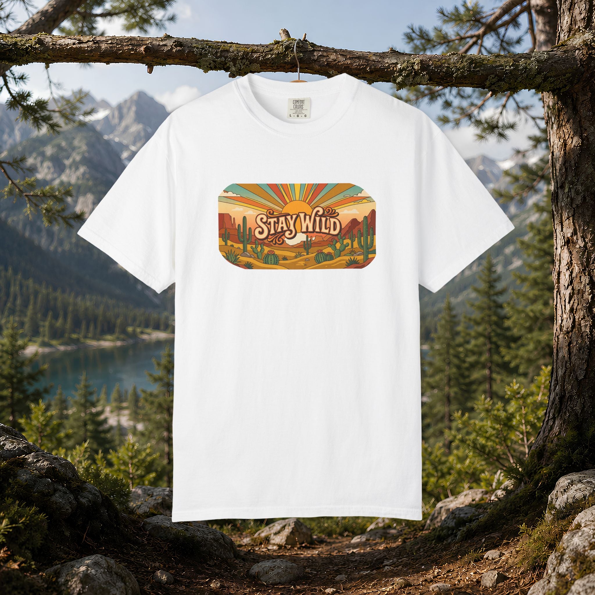 Stay Wild Desert Sunset T-shirt | Retro Cactus Landscape