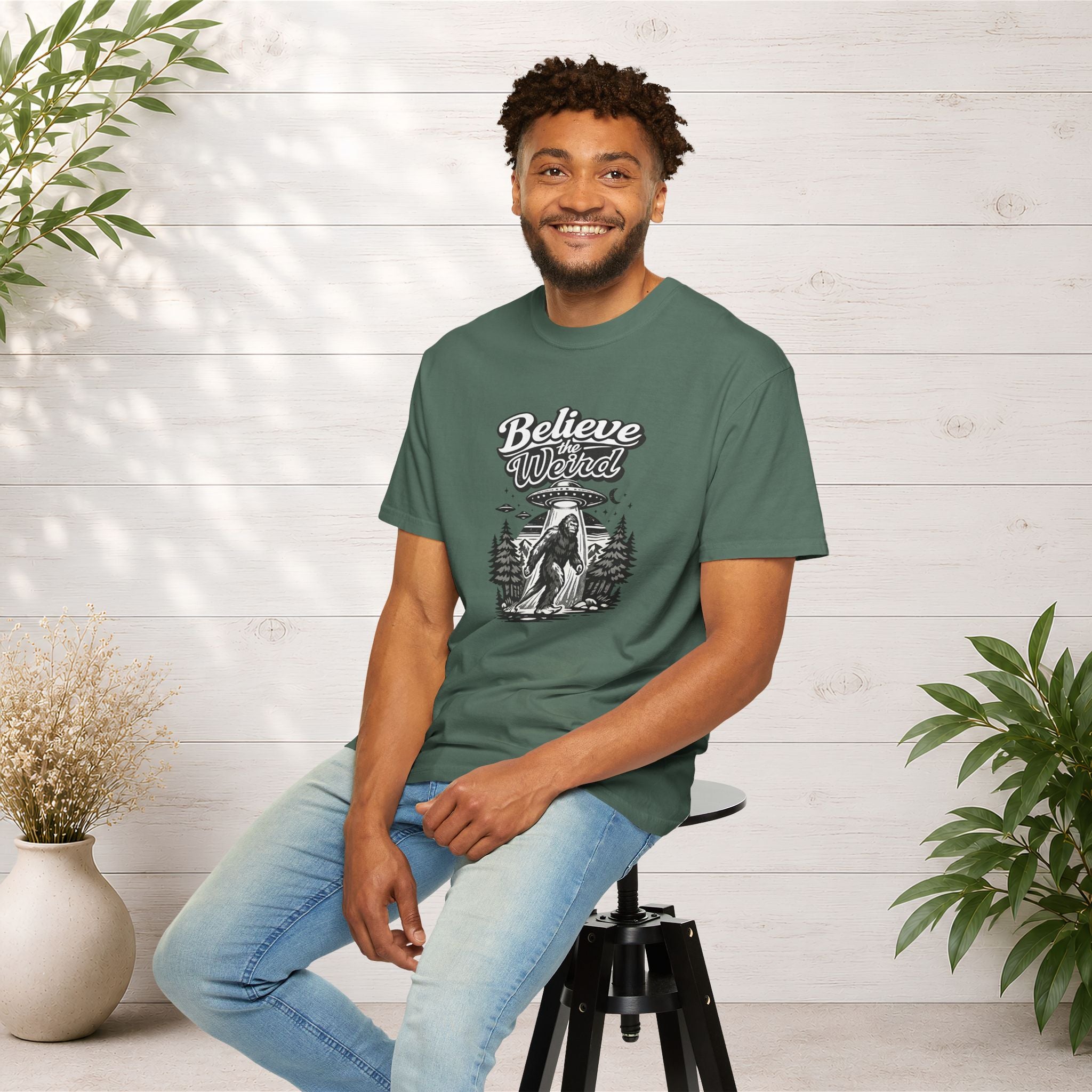 Believe the Weird T-Shirt — Bigfoot Forest UFO Graphic Tee