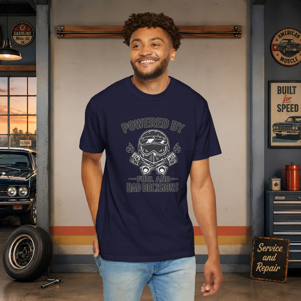 Powered By Fuel And Bad Decisions T-Shirt — Motorcycle Helmet Graphic Tee