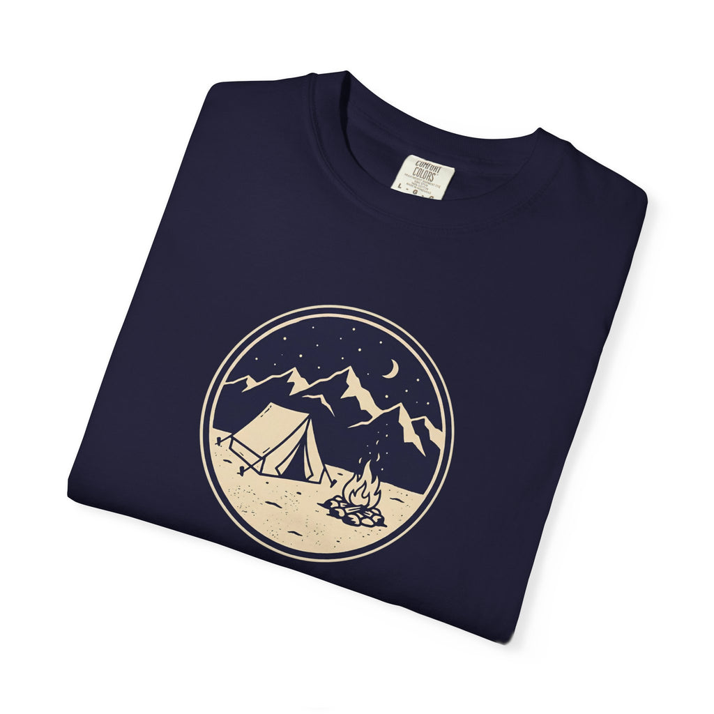 Mountain Camping Circle Art T-shirt | Tent Campfire Outdoors Tee