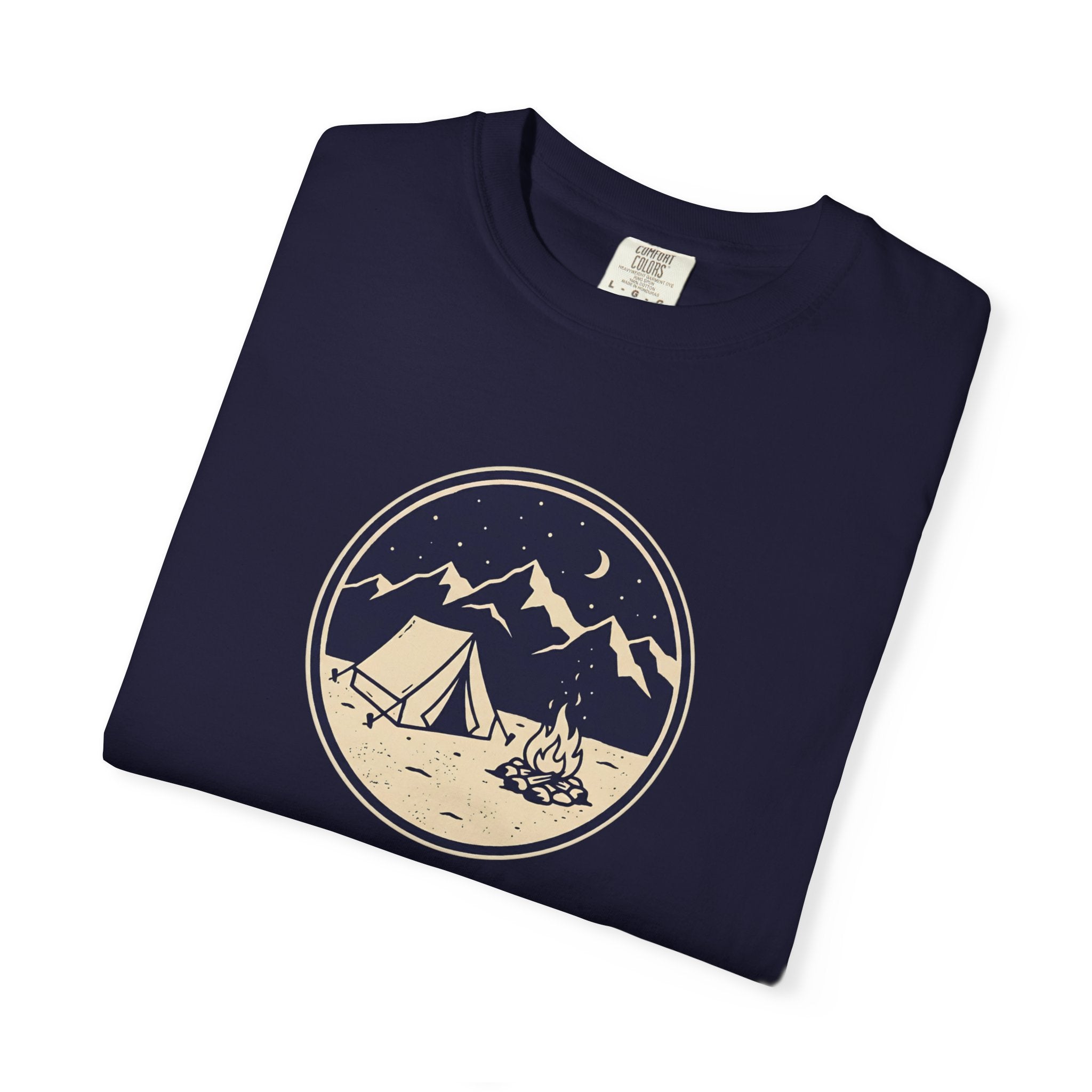 Mountain Camping Circle Art T-shirt | Tent Campfire Outdoors Tee