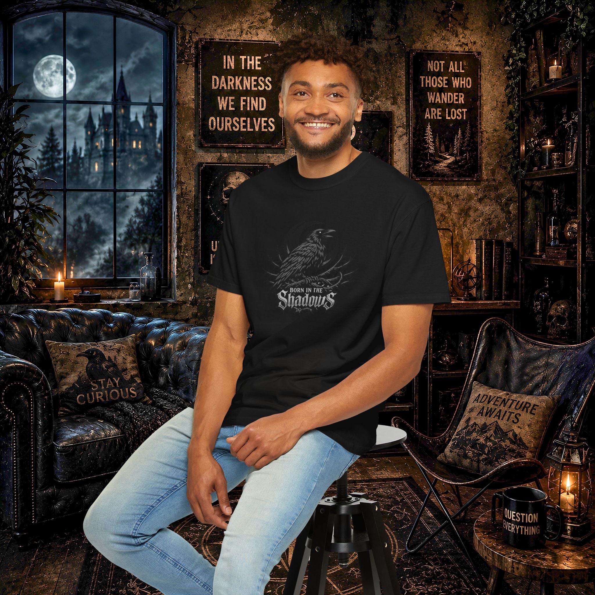 Born in the Shadows T-Shirt — Gothic Raven Graphic Tee