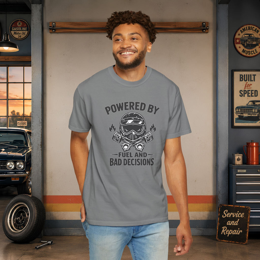 Powered By Fuel And Bad Decisions T-Shirt — Motorcycle Helmet Graphic Tee